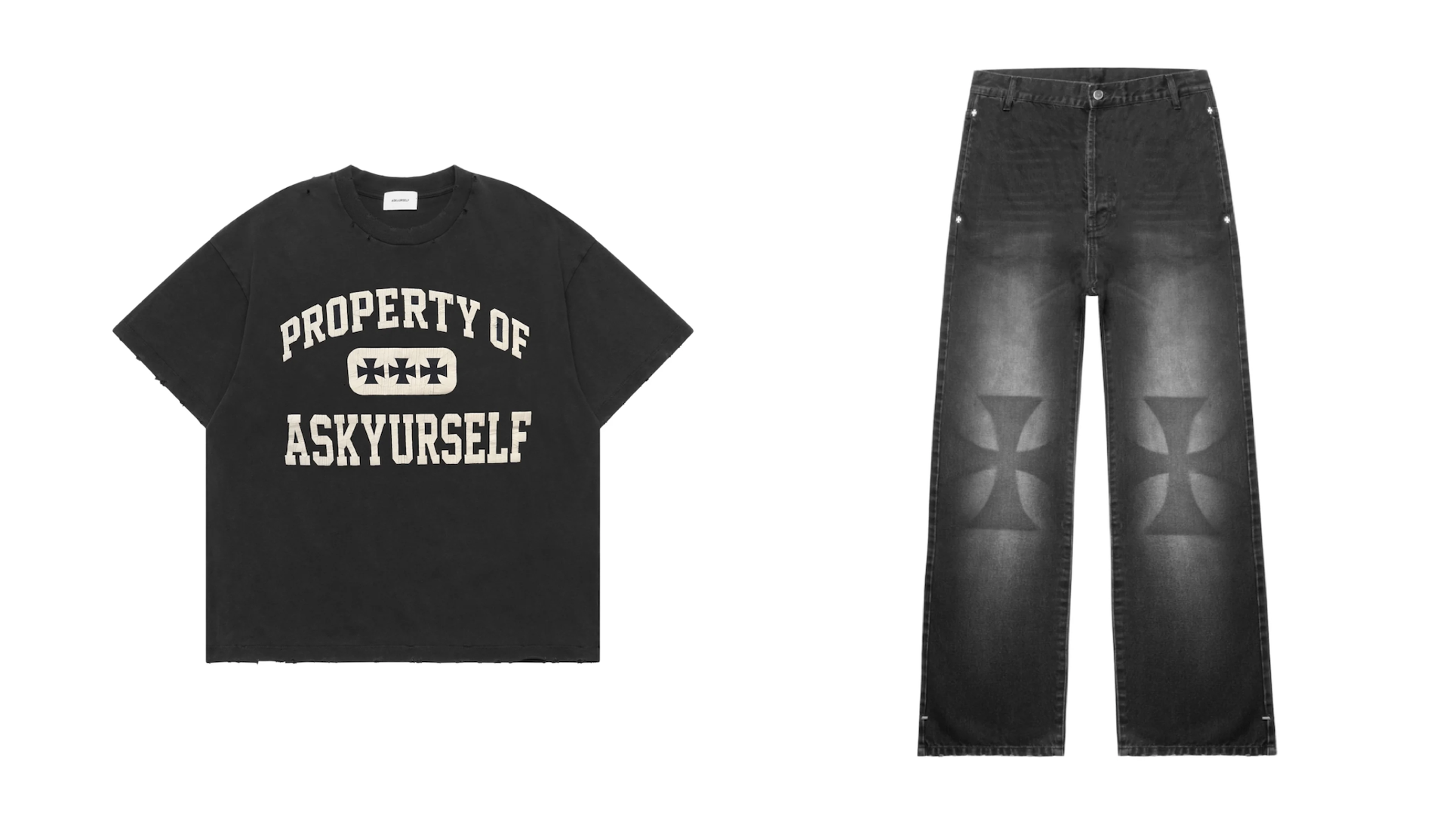 Black T-shirt with "PROPERTY OF ASKYURSELF" text and black jeans with cross patterns on the knees, displayed side by side.