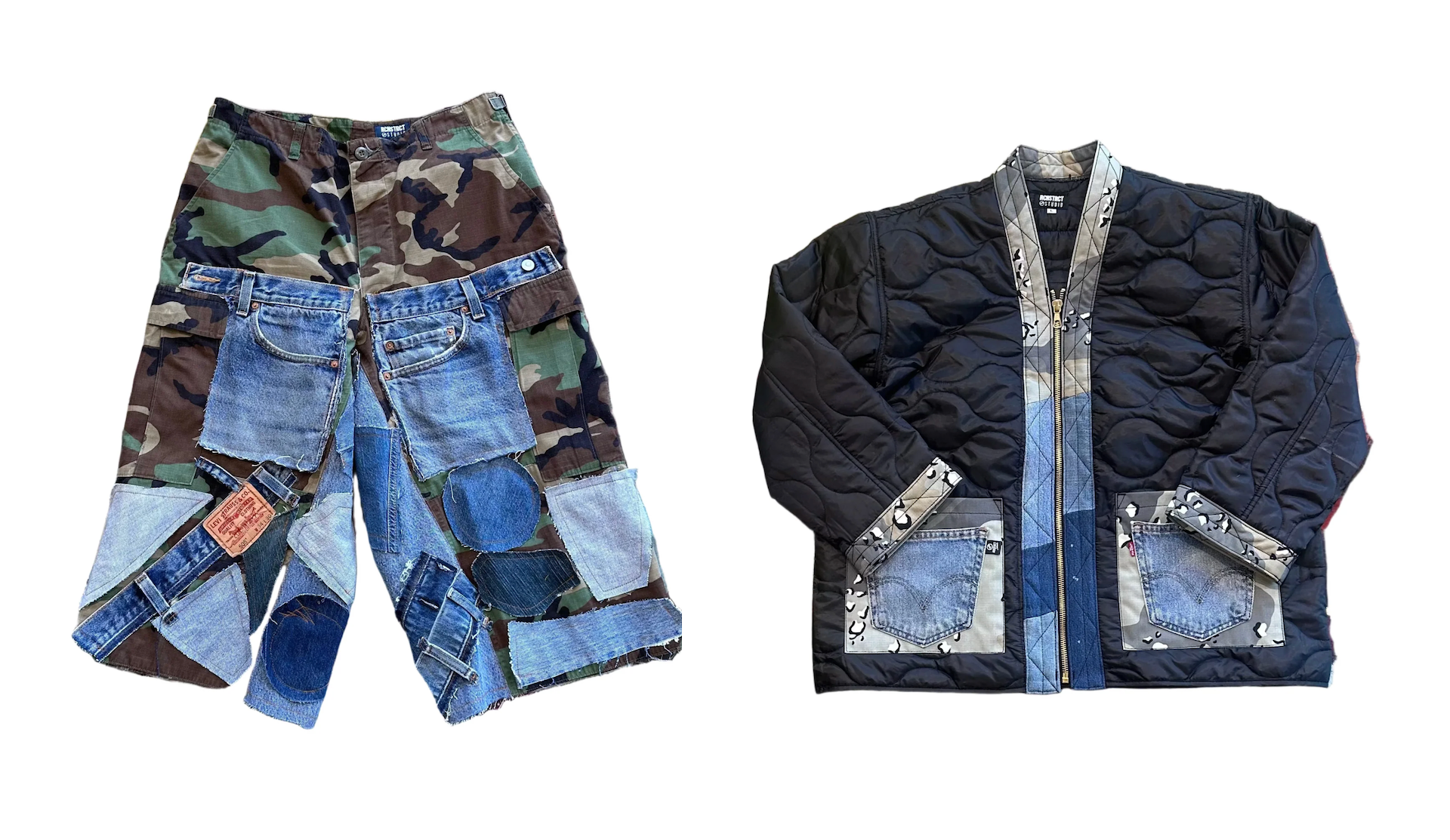 Patchwork shorts with camo and denim, and a quilted jacket with denim and camo accents.