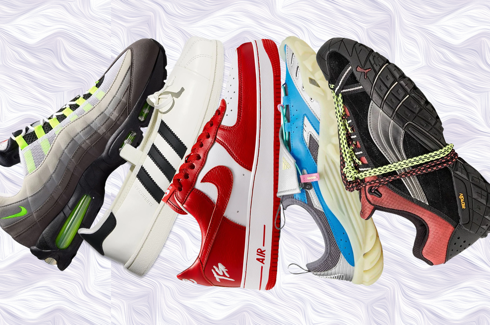 A collection of five different sneakers from various brands, including Nike, Adidas, and others, displayed against a textured background.