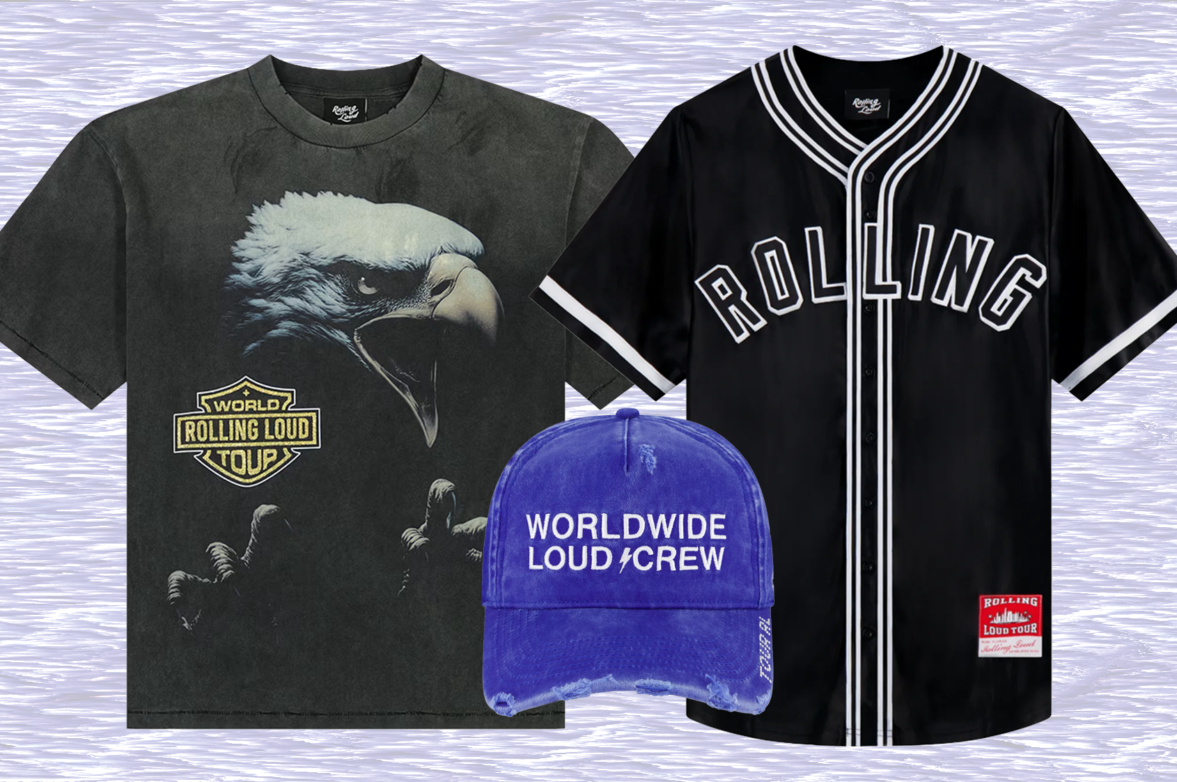 A black T-shirt with an eagle design and "World Rolling Loud Tour" logo, a black baseball jersey with "Rolling," and a blue cap with "Worldwide Loud/Crew."