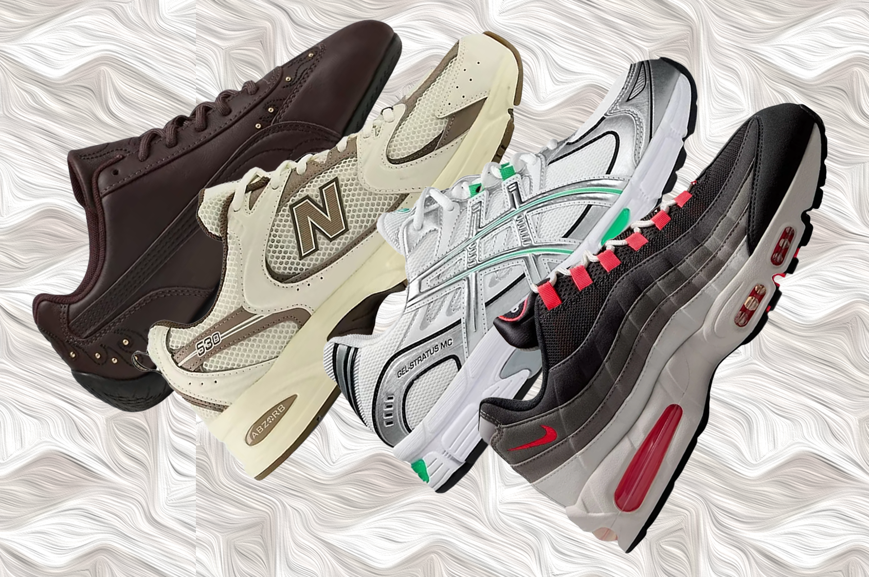 A collage of four sneakers: brown, beige with New Balance logo, white with green accents, and black with red accents.