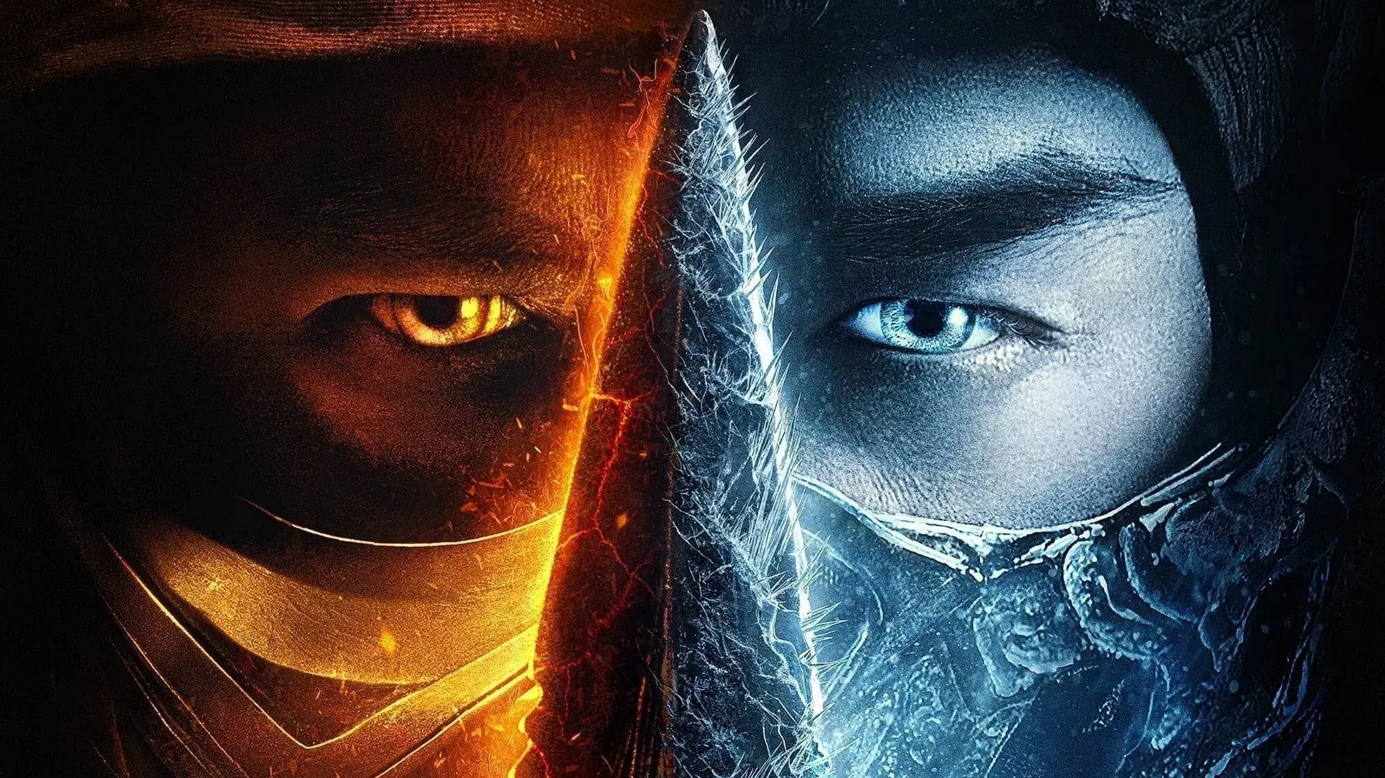 Split image of two masked fighters, one with a fiery eye on the left and one with an icy eye on the right.