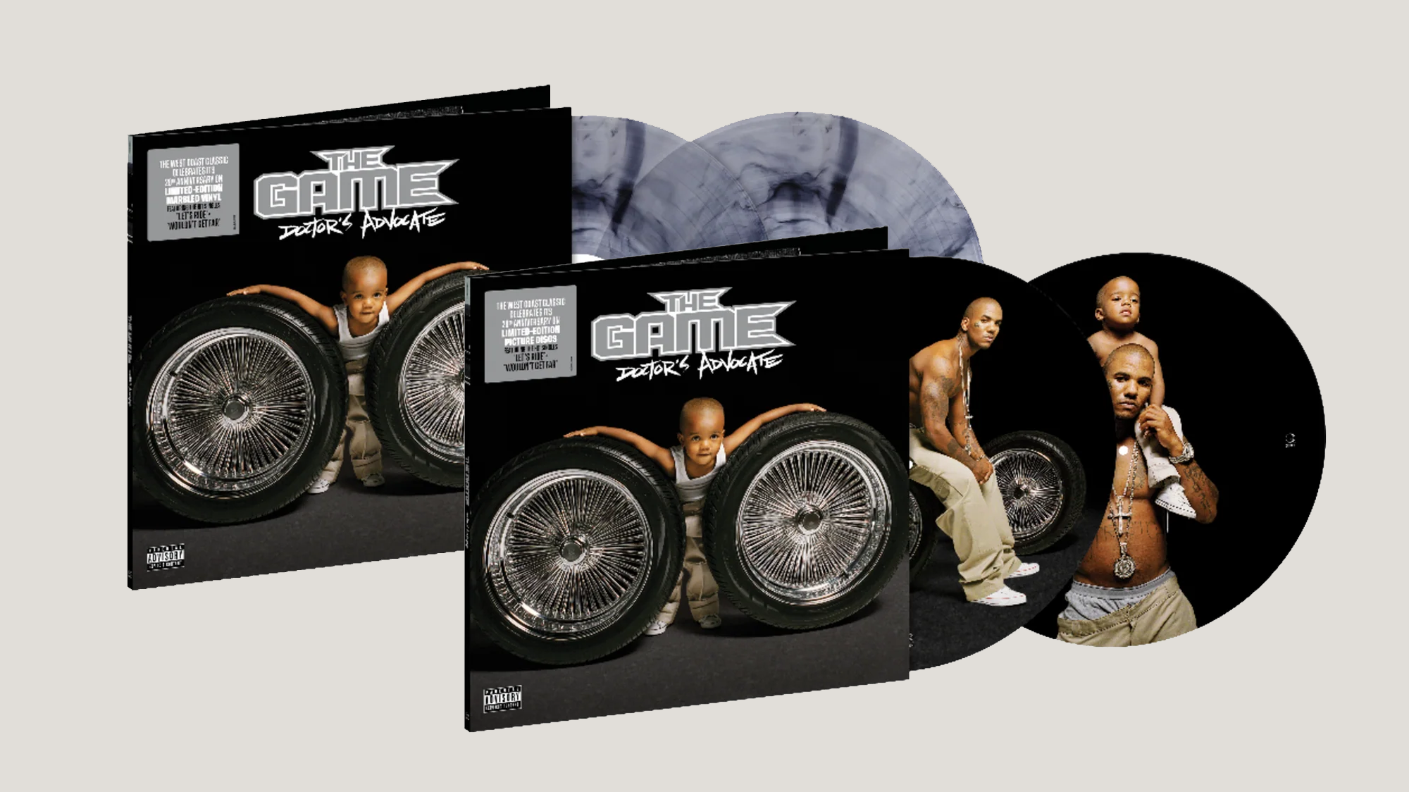 Vinyl records and album covers for "The Game: Before The Documentary," featuring images of the rapper posing with large wheels.