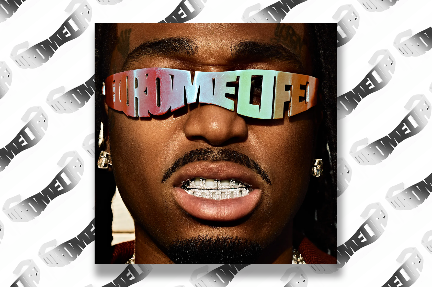 A person wearing large sunglasses with "FORUM LIFE" text, showcasing diamond grills and earrings. Background features repeated logo pattern.
