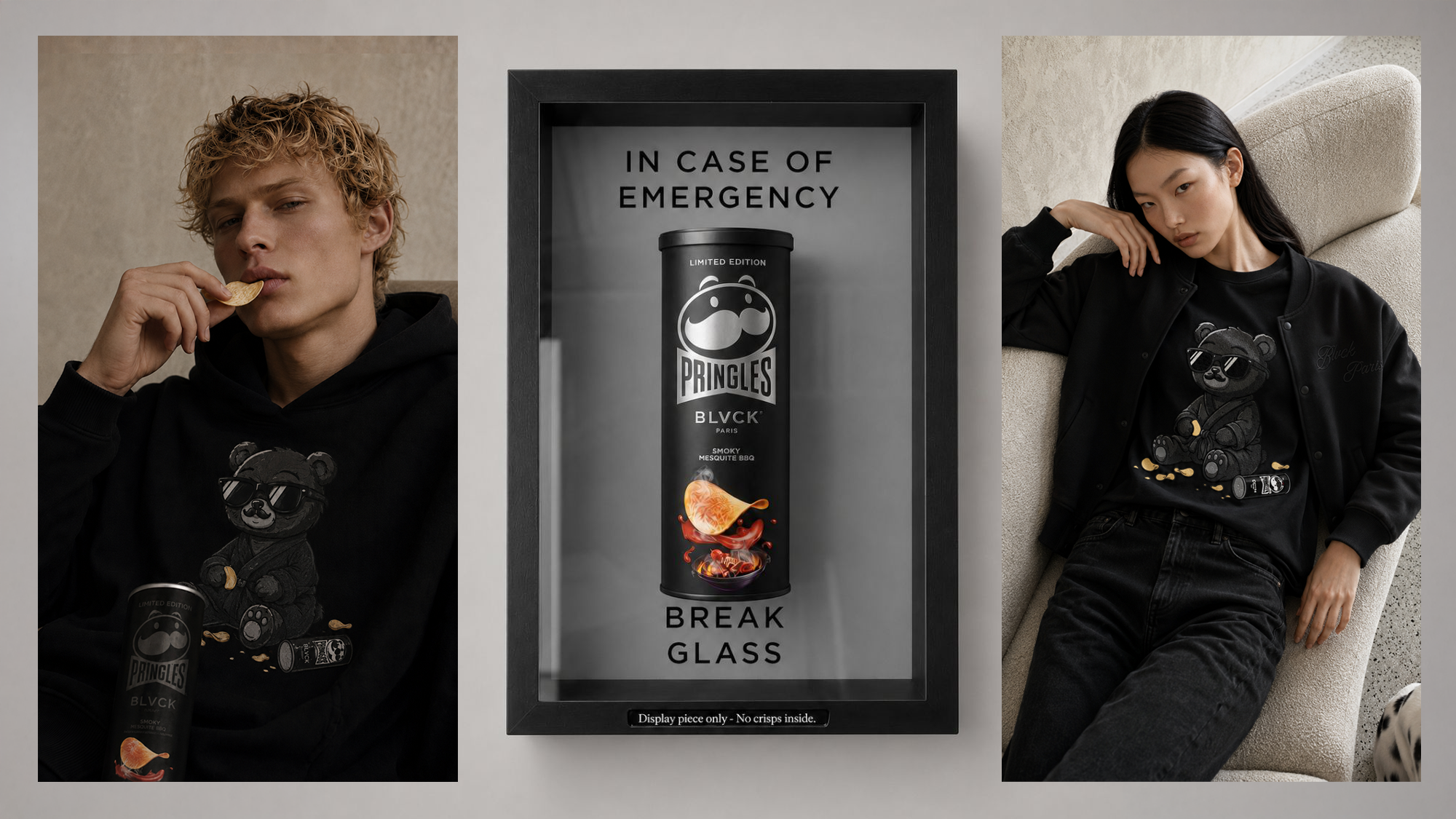 A man and woman wearing black hoodies with a bear design, each posing with Pringles. A Pringles can is displayed in a "break glass" case.
