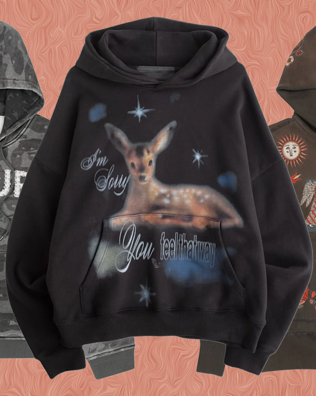 Three hoodies displayed against a patterned background: one gray with "KIDS UP," one black with a deer and text, and one brown with intricate designs.