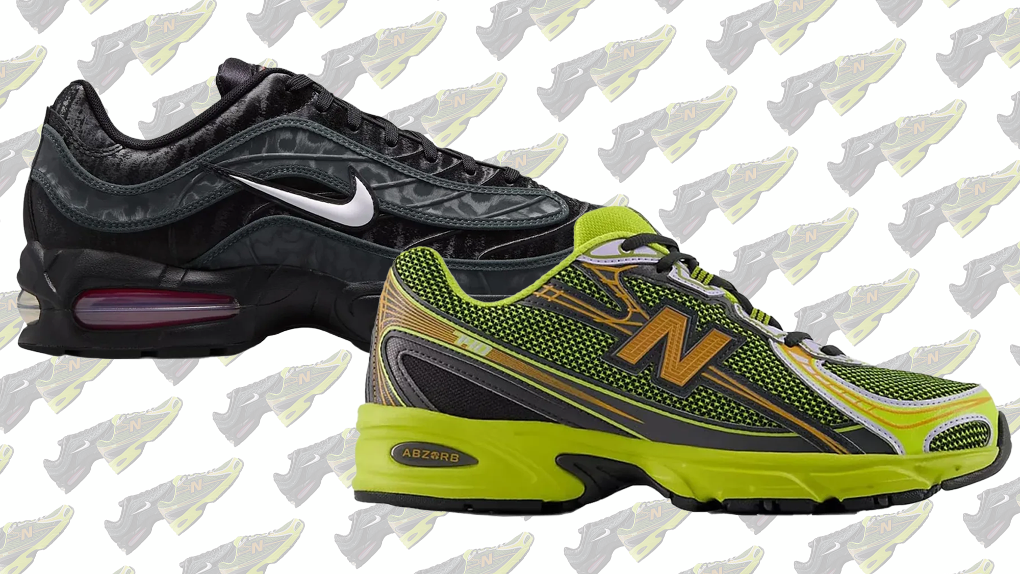 Two sneakers: a black Nike Air Max with a white swoosh and a green New Balance with yellow accents, overlapping on a patterned background.