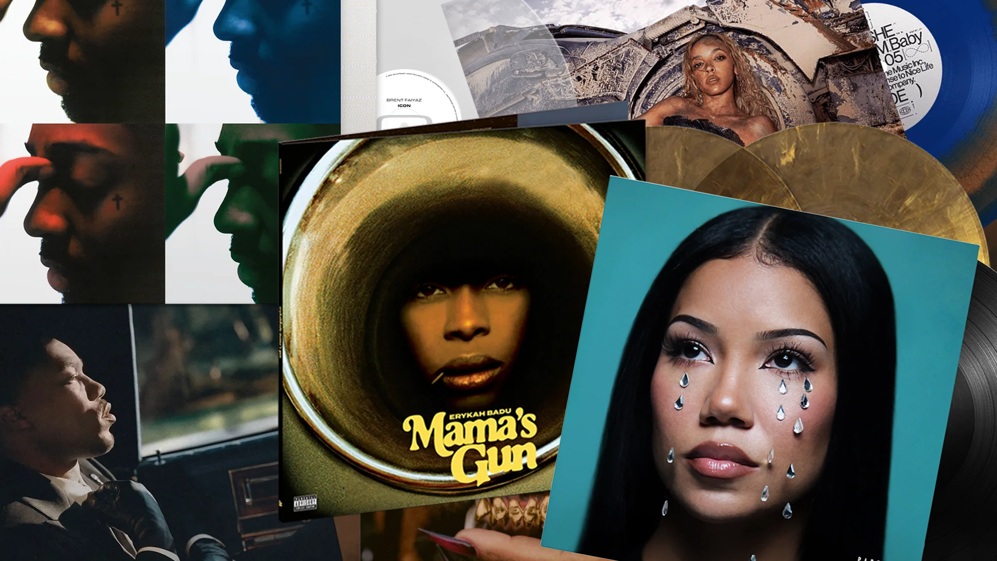 A collage of album covers featuring Erykah Badu's "Mama's Gun" and Jhené Aiko with teardrop art on her face.