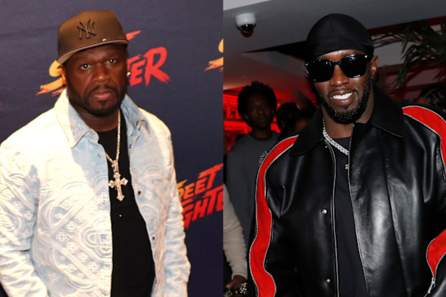Two images side by side: 50 Cent in a blue jacket and cap, and Diddy in a black and red leather jacket with sunglasses.