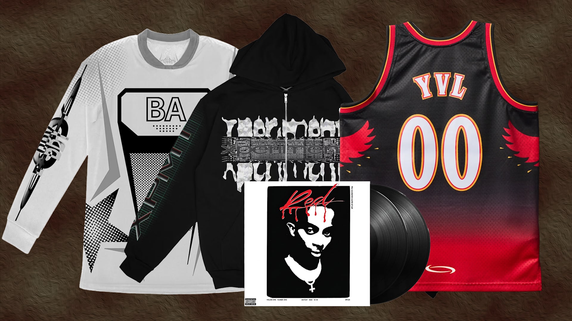 A collection of streetwear apparel including a long-sleeve shirt, hoodie, and basketball jersey, alongside a vinyl record.