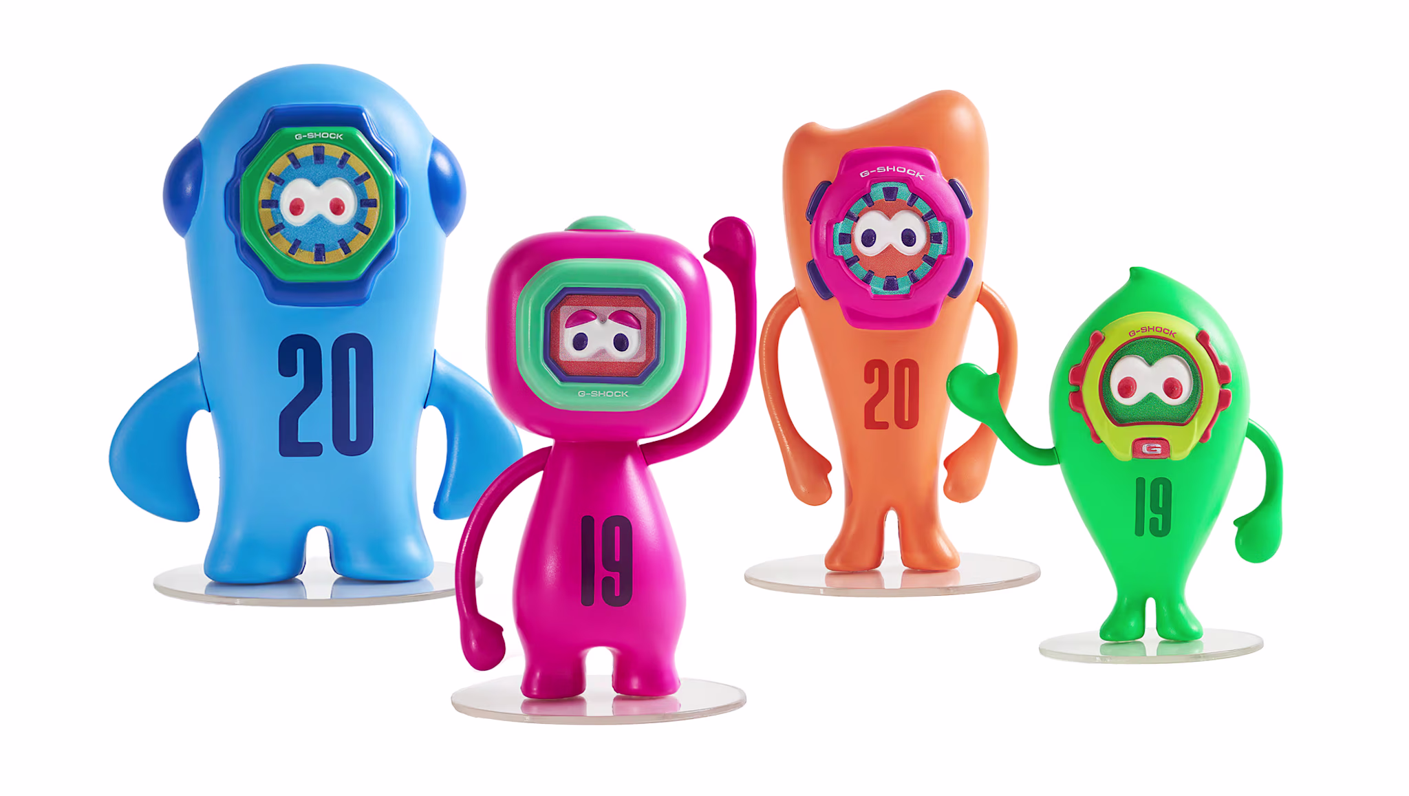 Four colorful cartoon figures with watch faces as heads, numbered 19 and 20, in blue, pink, orange, and green.