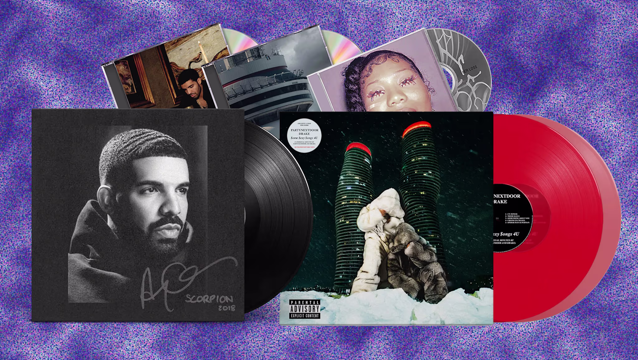 A collection of album covers and vinyl records, including images of diamonds, a snowy scene with two towers, and portraits of artists.