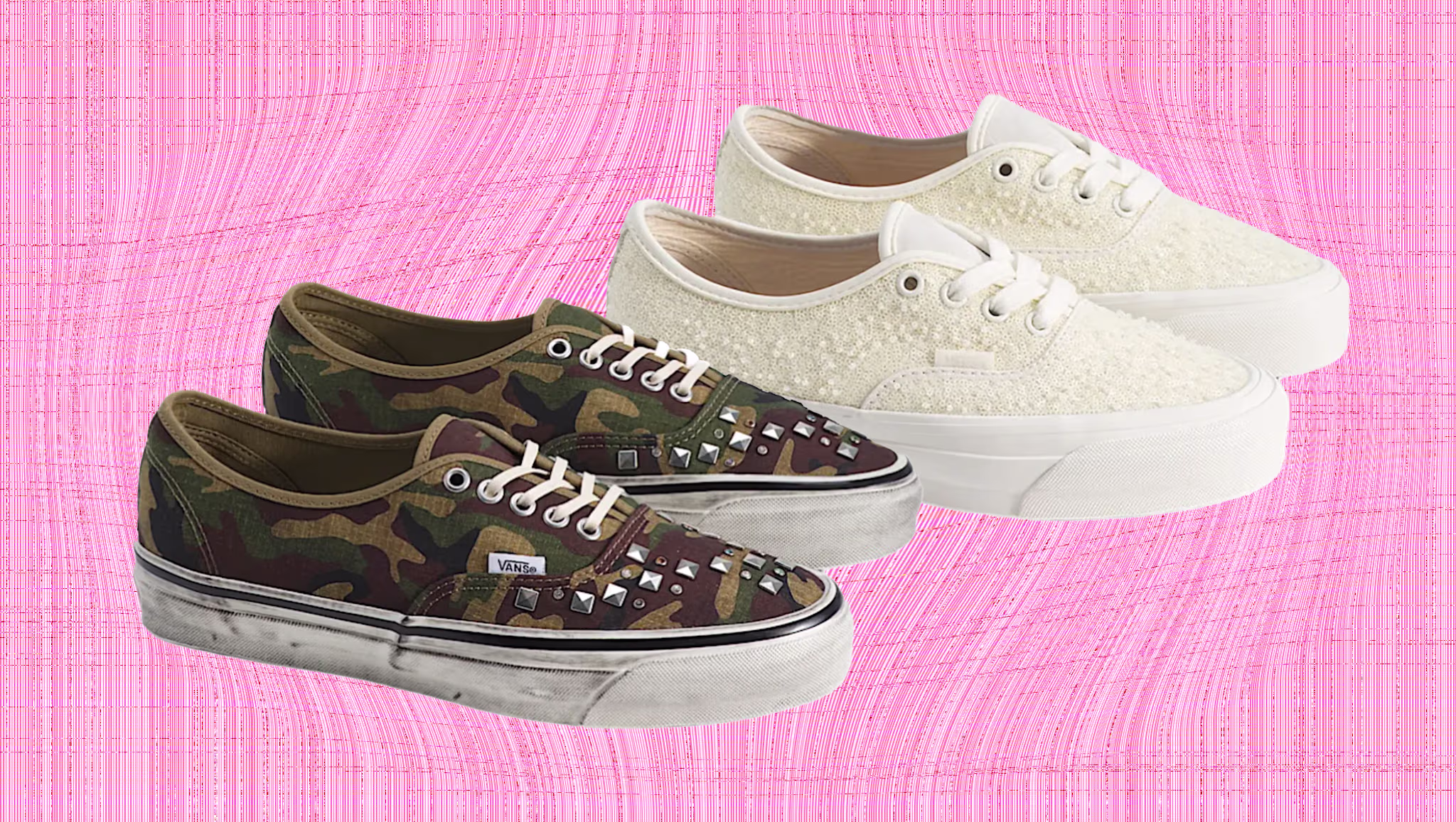 Two pairs of sneakers: one with a camouflage pattern and studs, and the other in a textured white design, on a pink textured background.