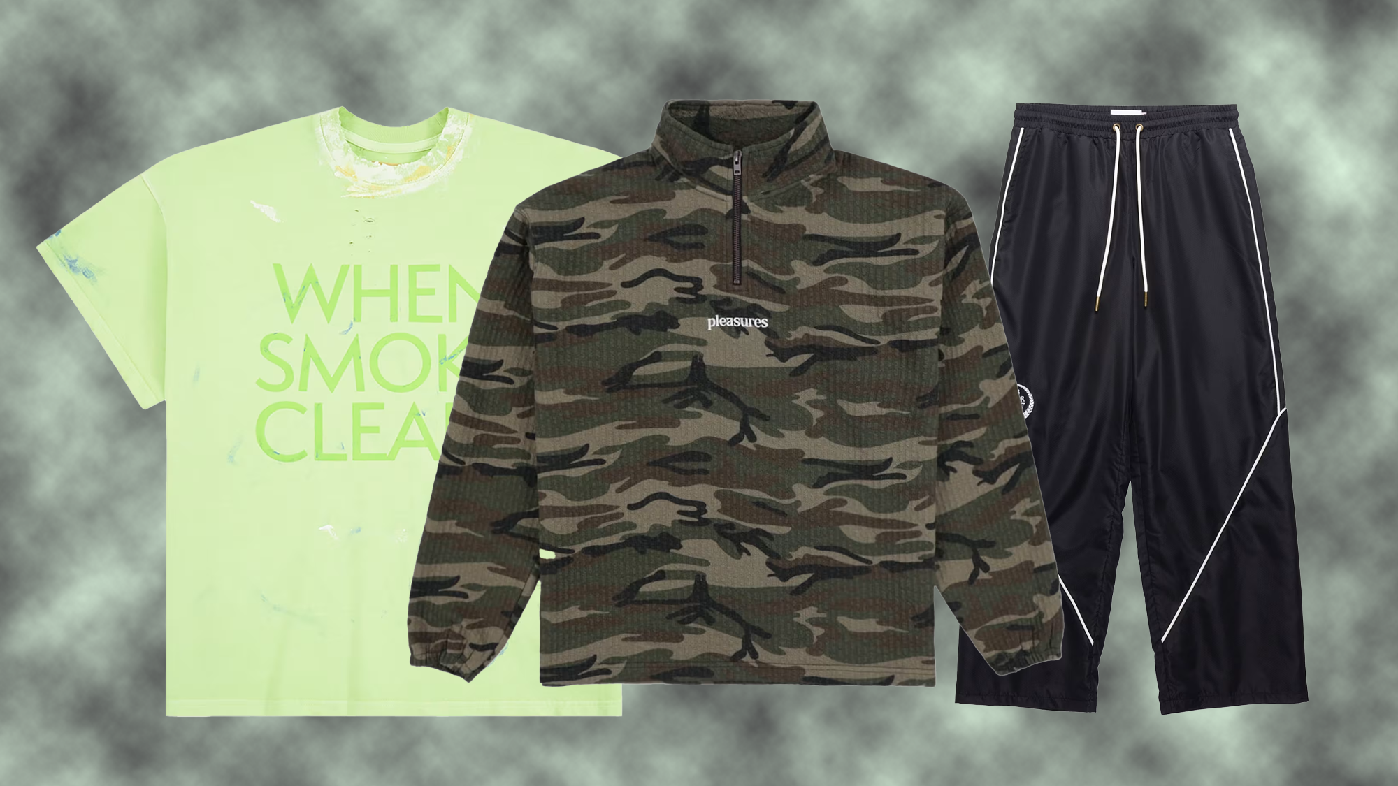 A lime green T-shirt with "WHEN SMOKE CLEARS" text, a camo zip-up jacket, and black track pants with white piping.