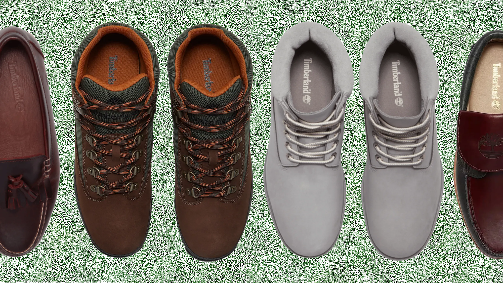 A lineup of shoes: brown hiking boots, gray sneakers, and brown loafers, all branded Timberland.