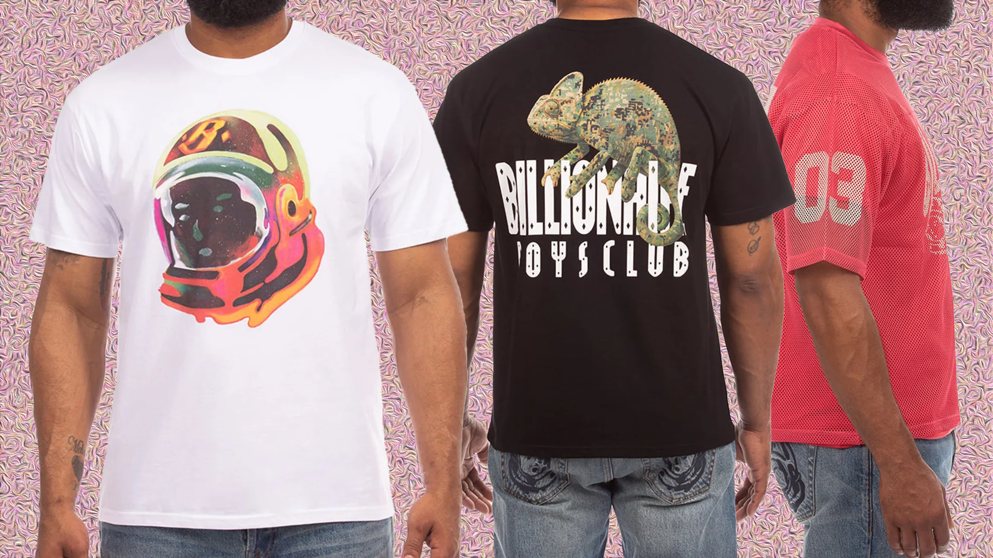 Three men wearing different Billionaire Boys Club shirts: a white tee with a helmet graphic, a black tee with a chameleon design, and a red mesh shirt.