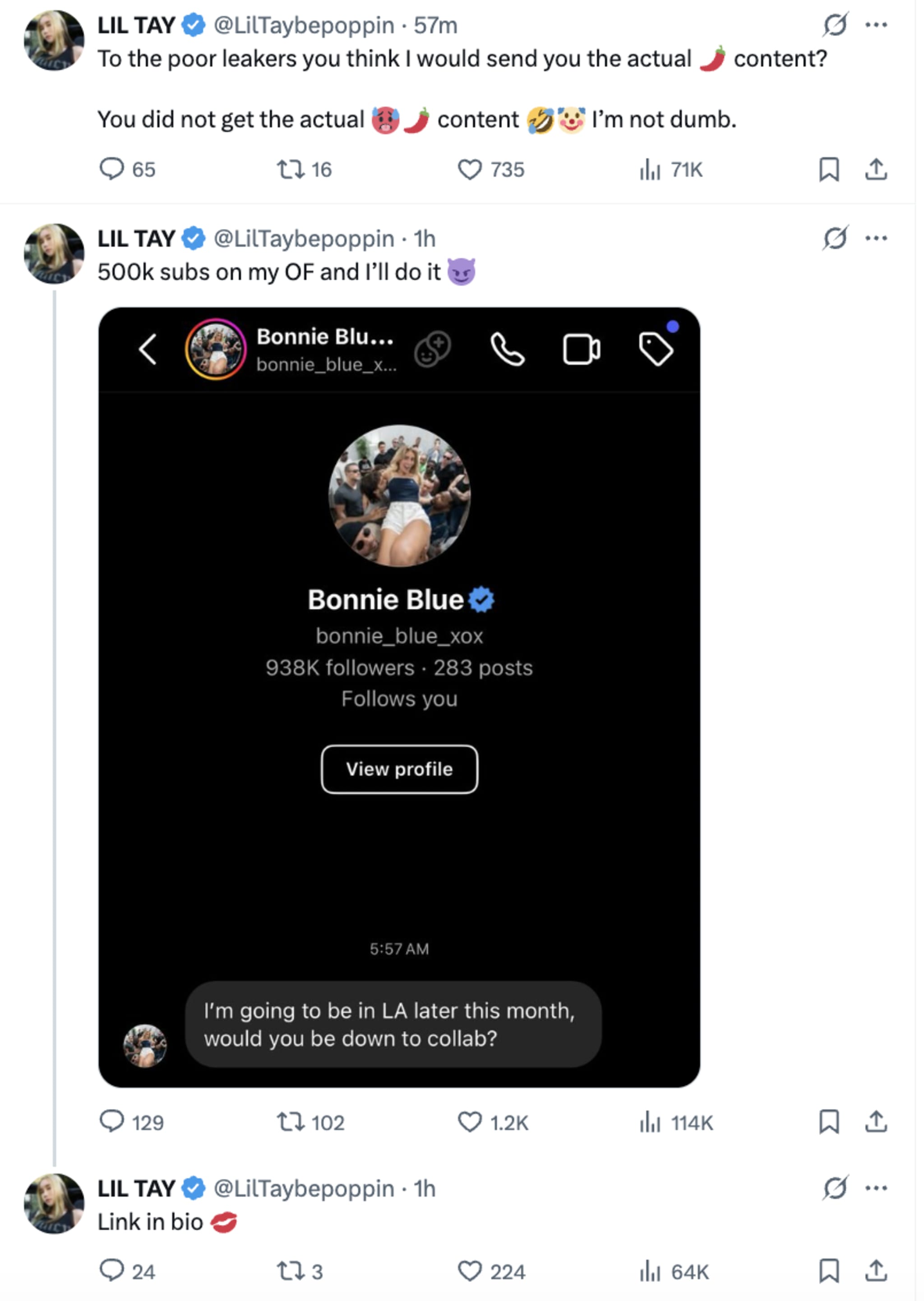 Tweets from LIL TAY about content leaks and collaboration, mentioning a profile named Bonnie Blue.