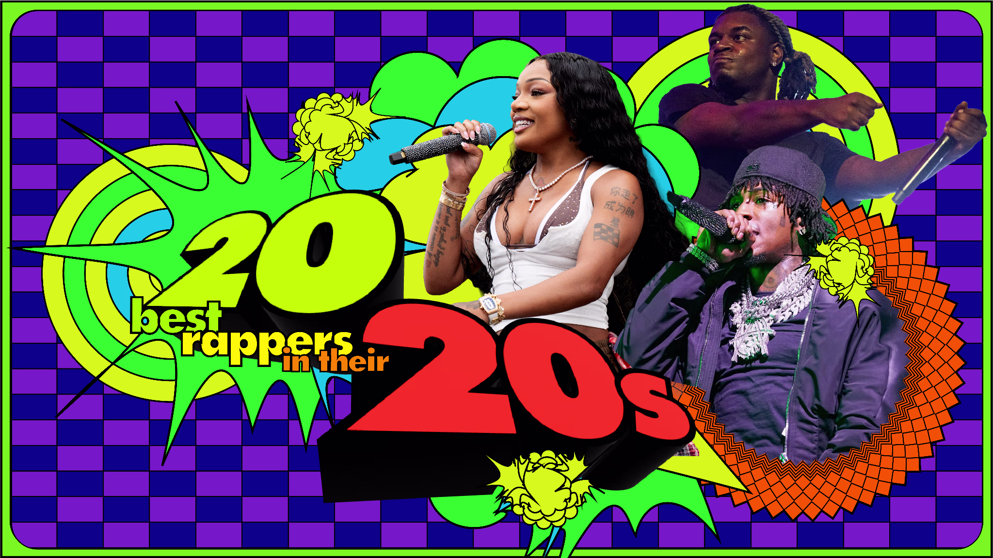 A colorful collage featuring GloRilla, Ken Carson, and Young Boy Never Broke Again performing, with text "20 best rappers in their 20s" in a vibrant, retro style.