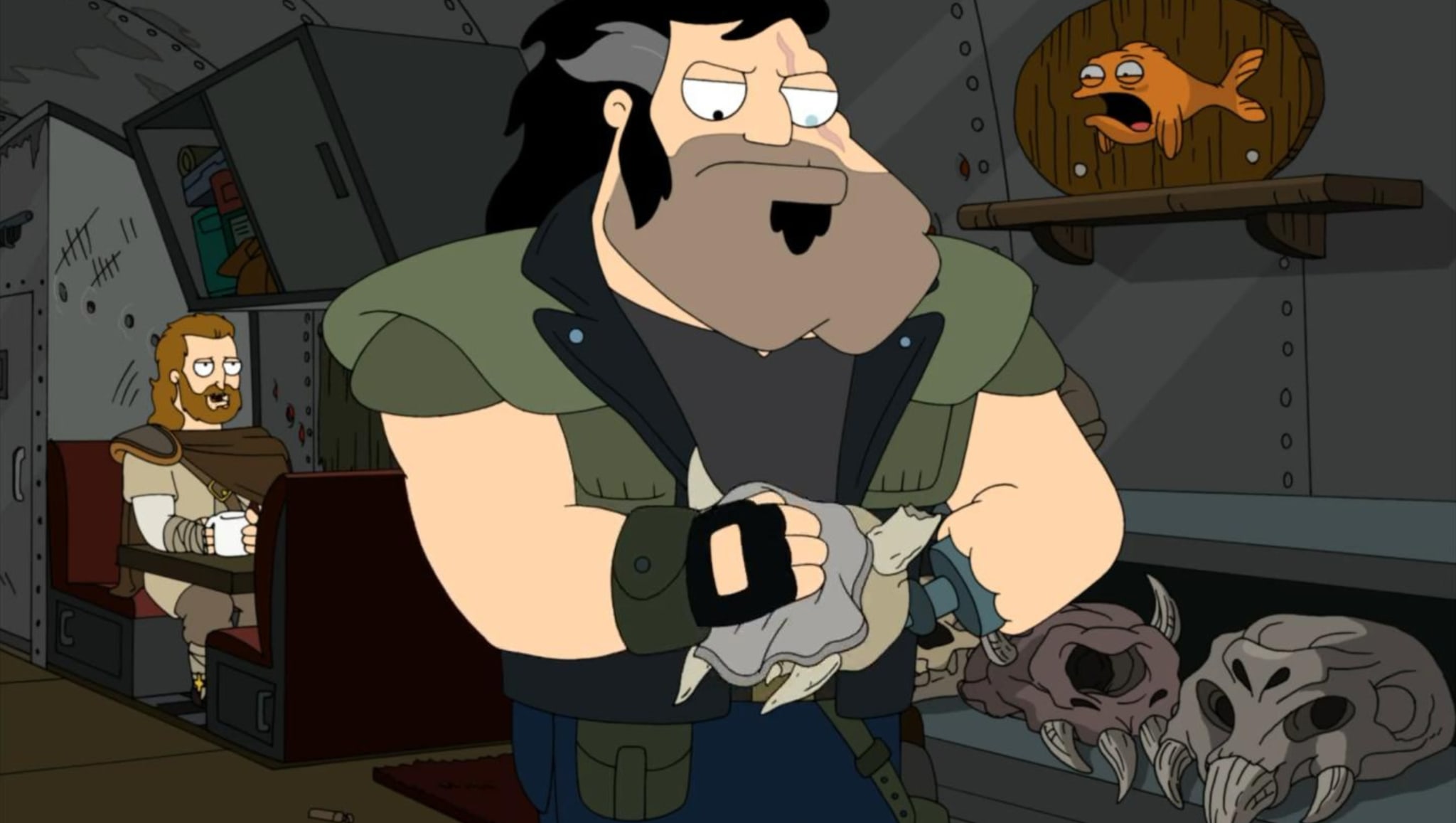 A cartoon character with a beard and leather vest holds a skull, while another character sits in a booth. Skulls and a fish are in the background.