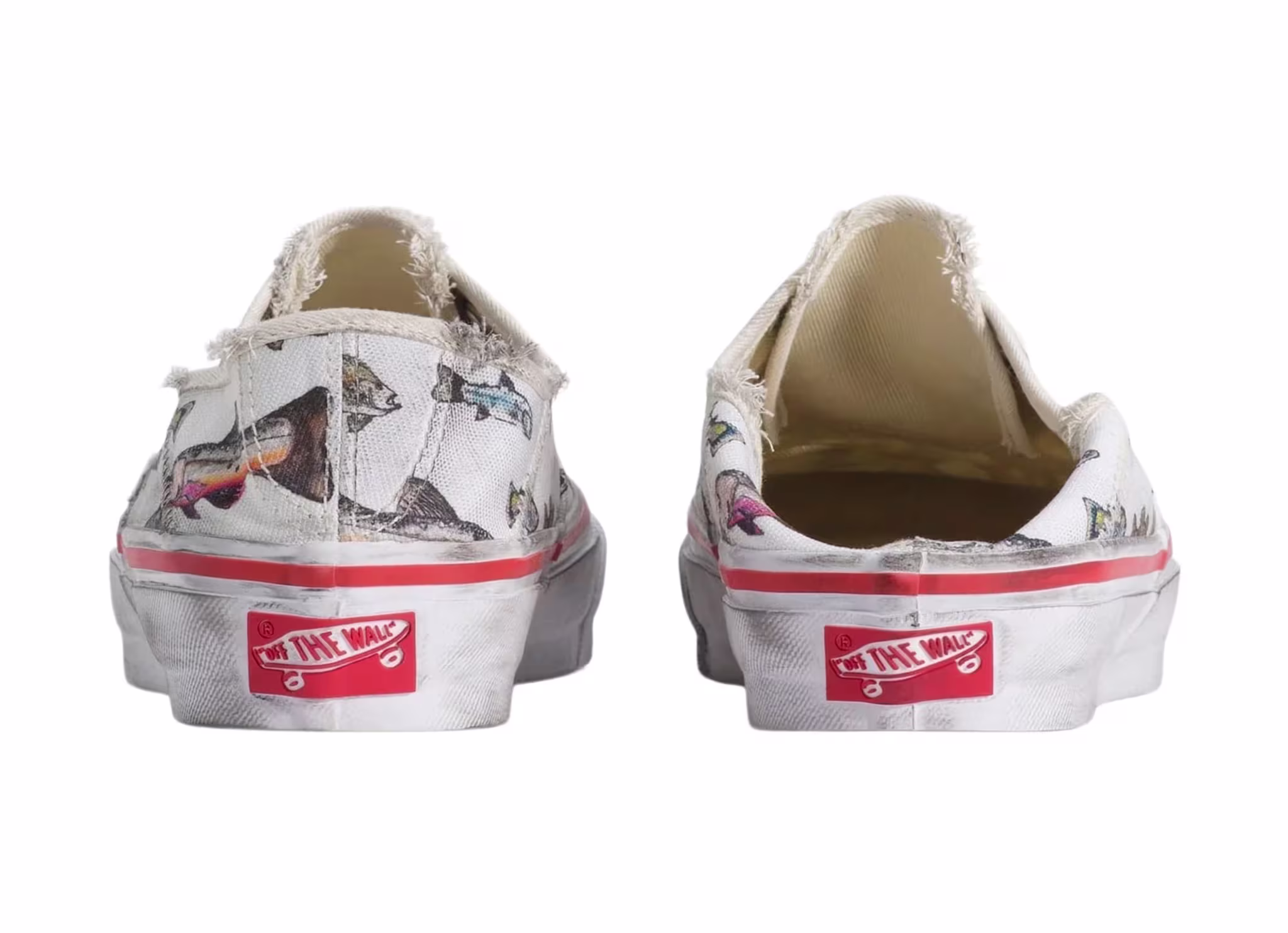 Frayed white Vans sneakers with animal print designs, viewed from the back. Red "Off The Wall" branding on the heel.