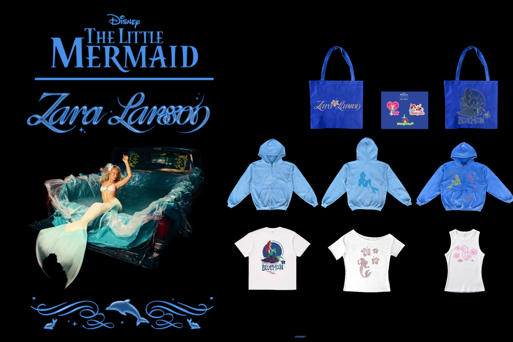 Merchandise collection for "The Little Mermaid" by Zara Larsson, featuring hoodies, t-shirts, tote bags, and a car with a mermaid design.