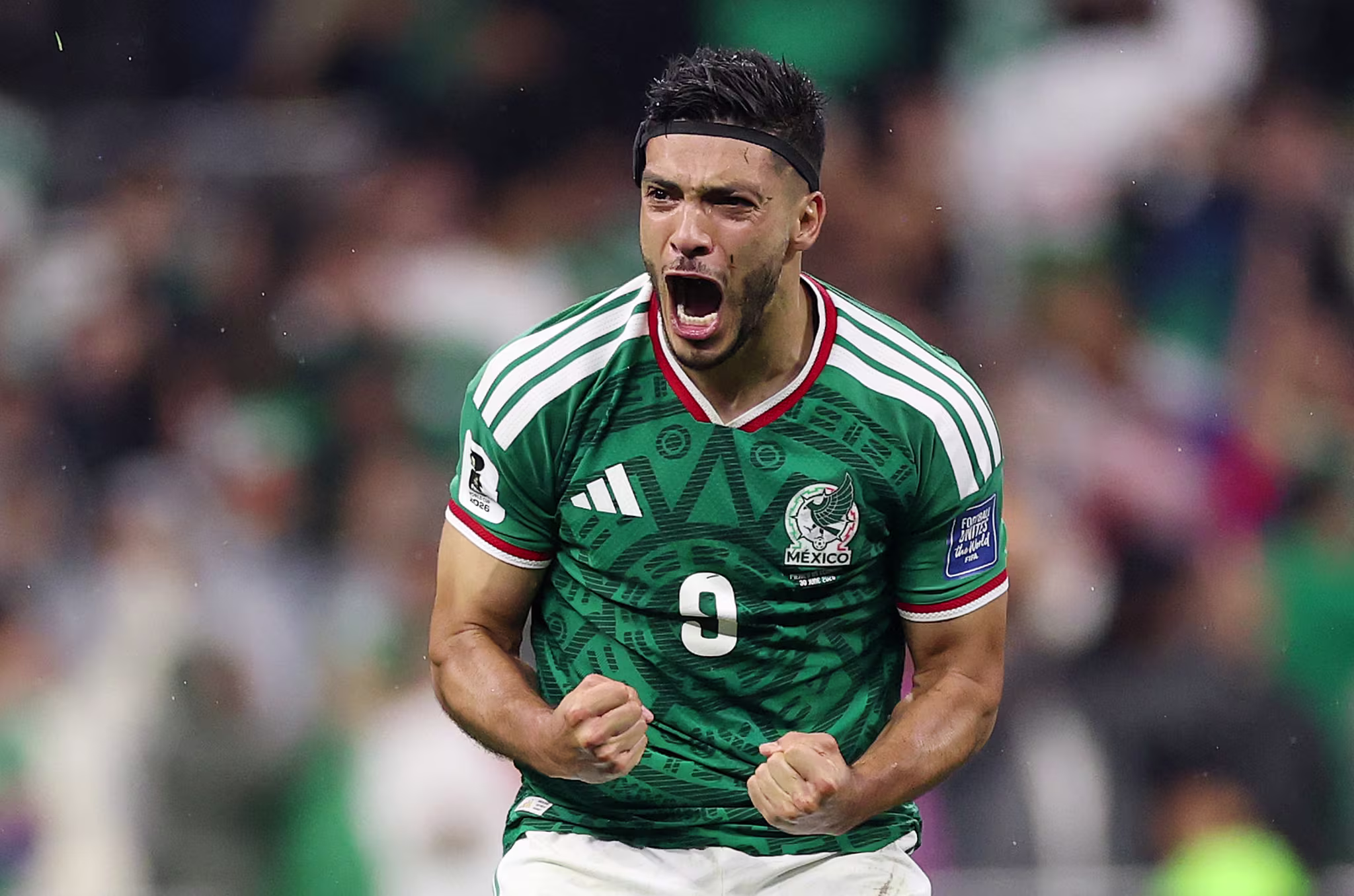 Raul Jimenez celebrates after scoring during Mexico's 2-0 win over Ecuador at the 2026 FIFA World Cup. 