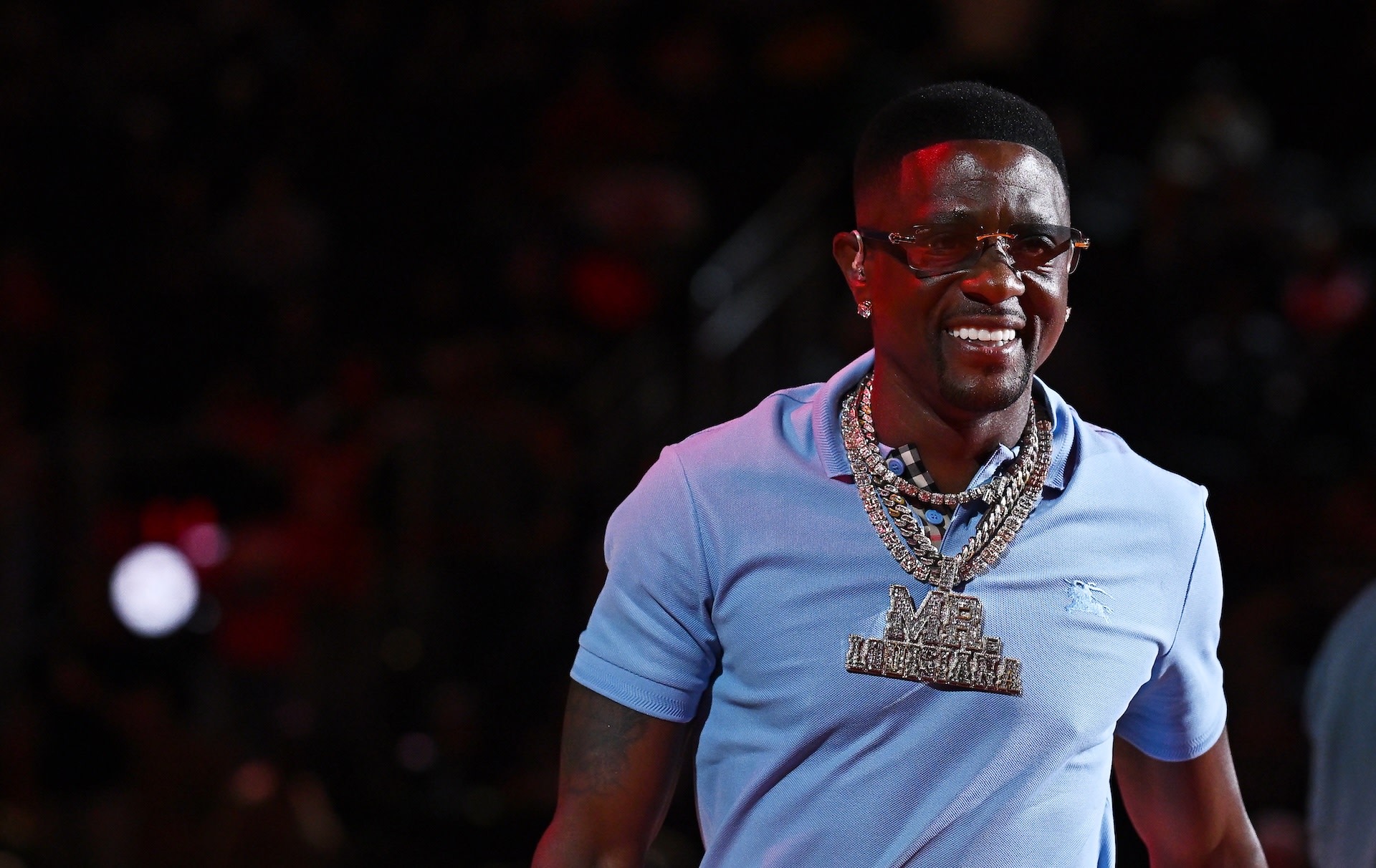 Rapper Boosie Badazz performs during halftime at game six of the Eastern Conference first round playoffs between the New York Knicks and the Atlanta Hawks on April 30, 2026 in Atlanta, Georgia. NOTE TO USER: User expressly acknowledges and agrees that, by downloading and or using this photograph, User is consenting to the terms and conditions of the Getty Images License Agreement. 