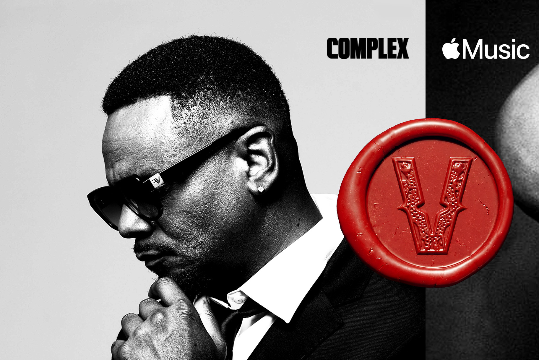 Carl Thomas and Case in profile, with a red wax seal featuring a "V" in the center. Logos for Complex and Apple Music.