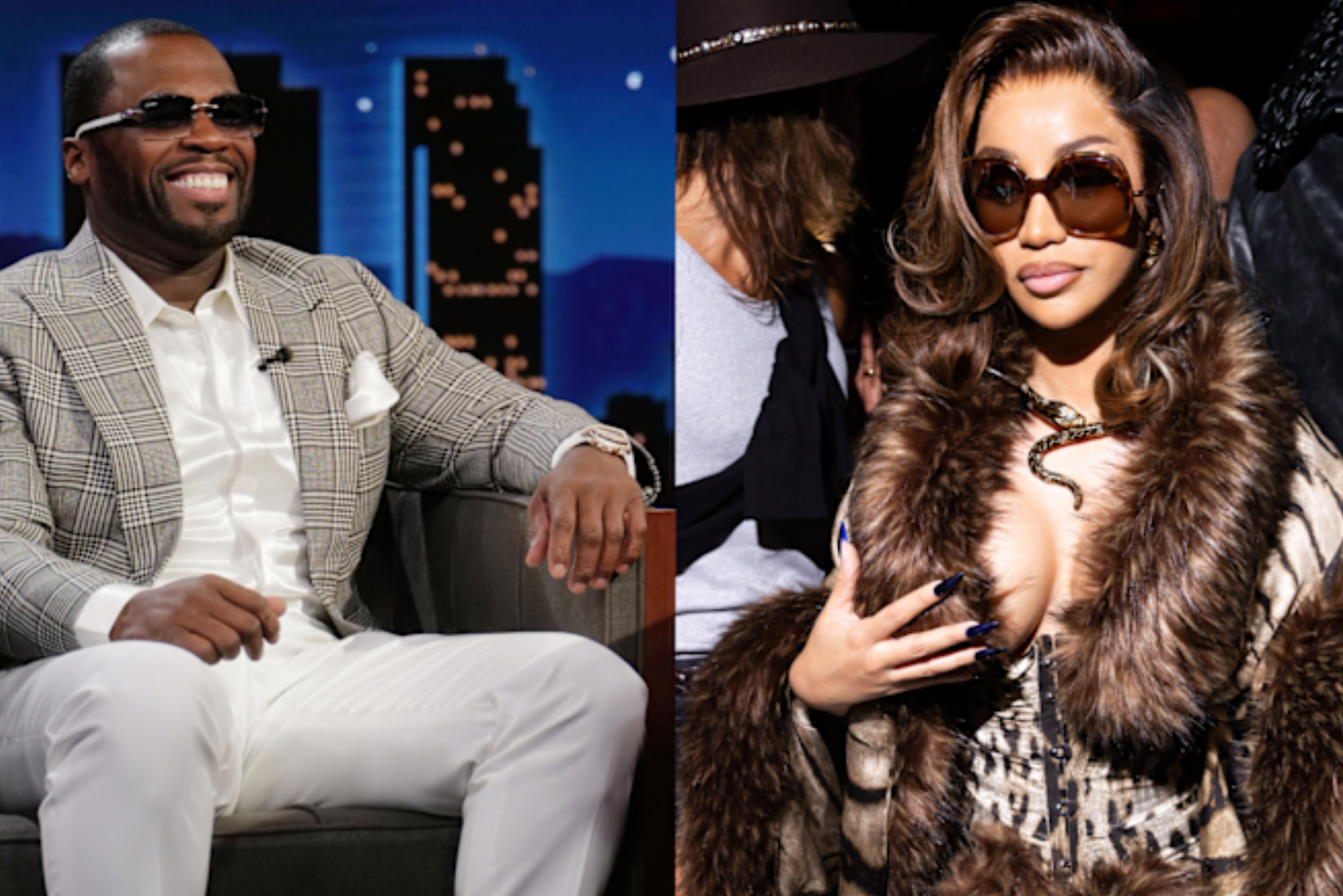 Two images side by side: on the left, 50 Cent in a plaid suit smiling on a talk show set; on the right, Cardi B in sunglasses and fur coat.