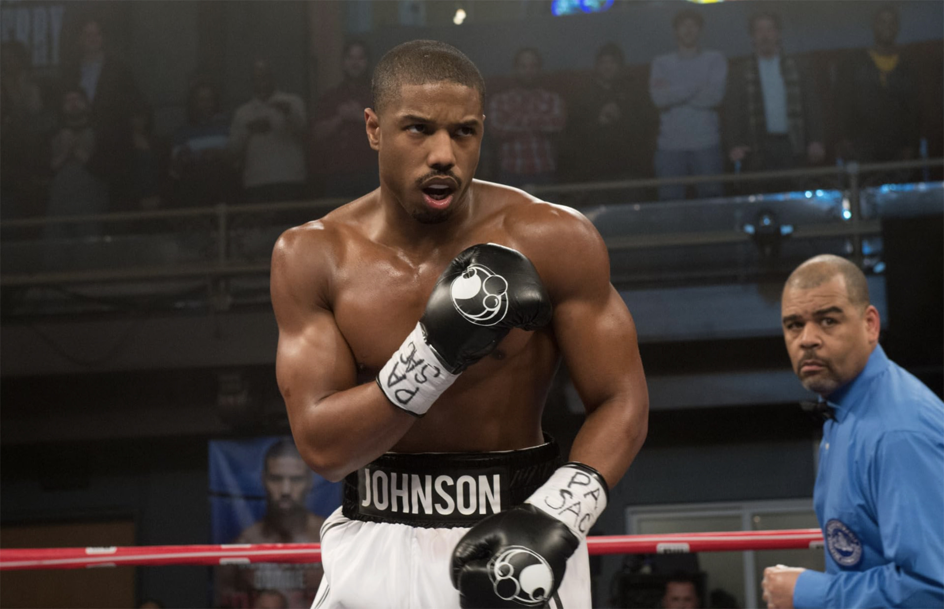 Adonis Creed (Michael B. Jordan) squares up his opponent. 