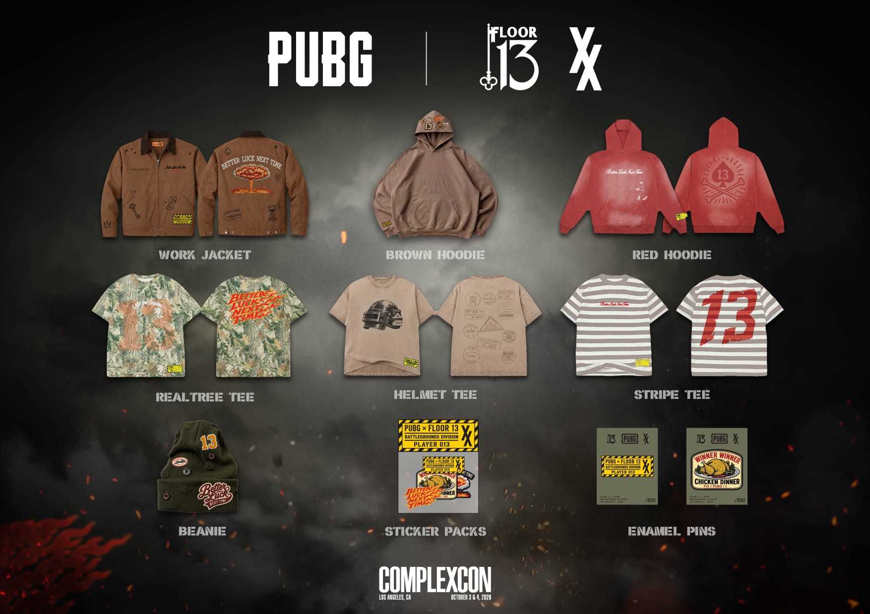 Collage of PUBG x Floor 13 apparel and accessories, including jackets, hoodies, tees, a beanie, sticker packs, and enamel pins.