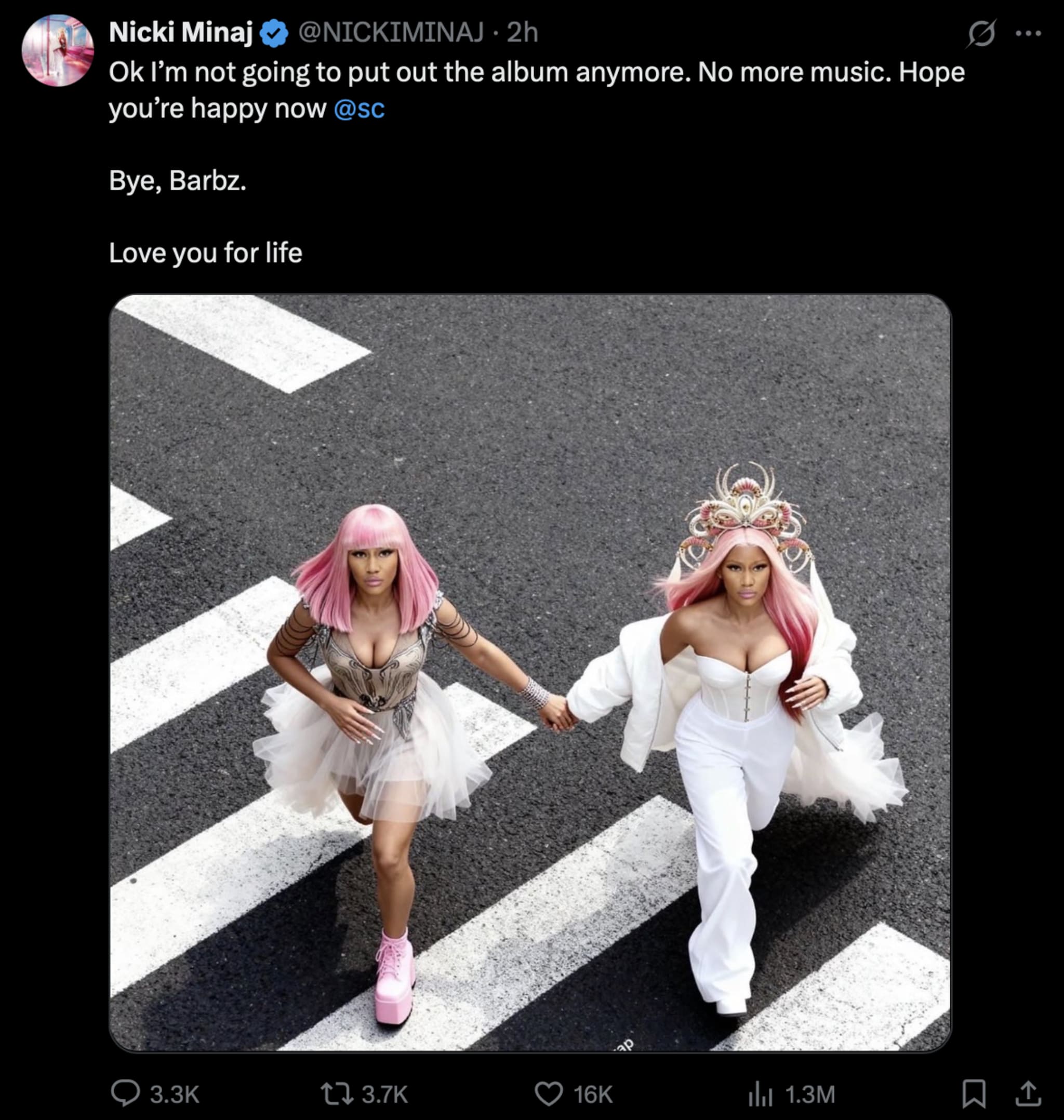 Nicki Minaj in two outfits: a pink wig with a tutu and sneakers, and a white outfit with a crown, holding hands on a crosswalk.