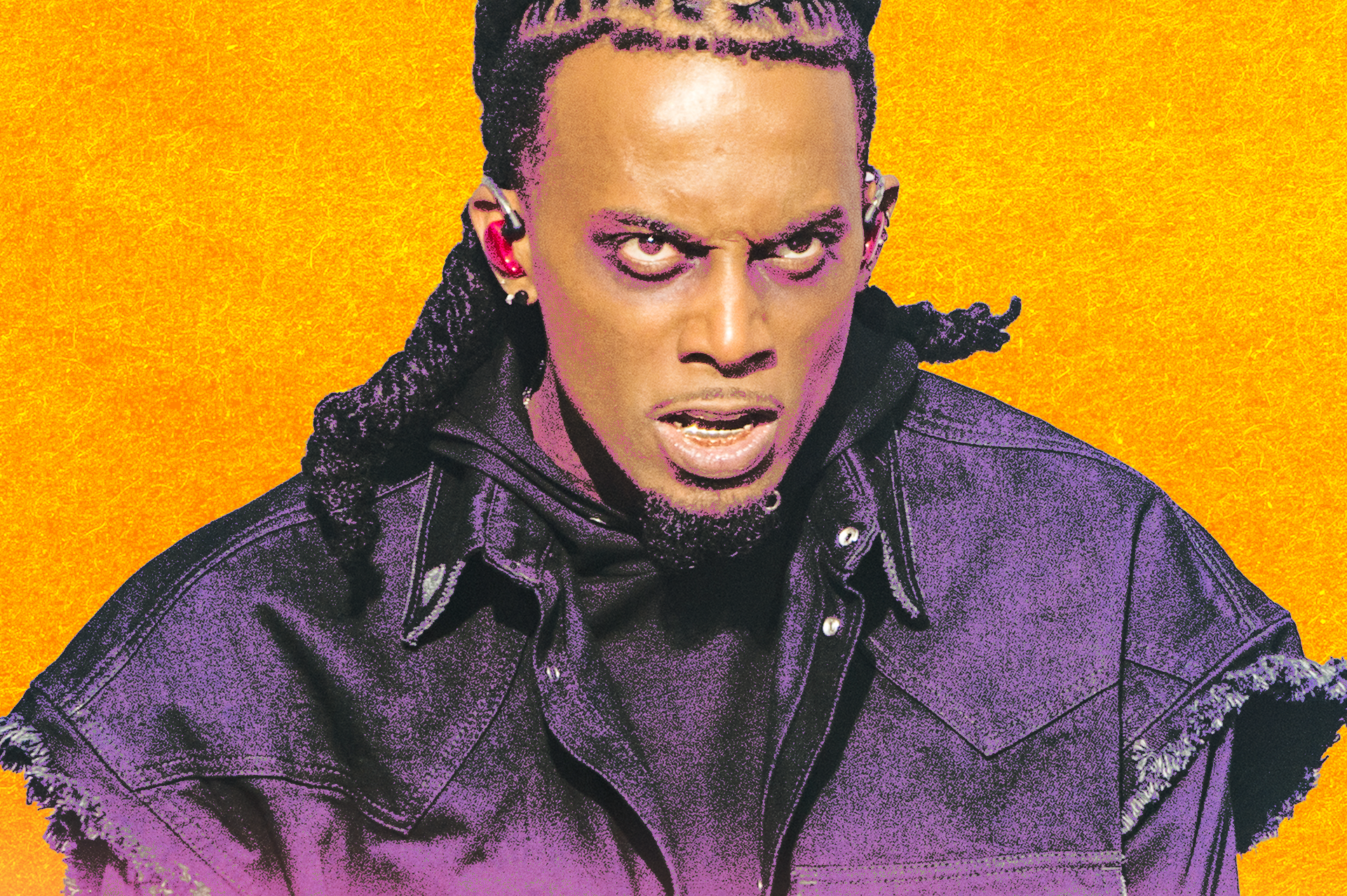 A person with braided hair and intense expression, wearing a dark jacket, against a bright orange background.