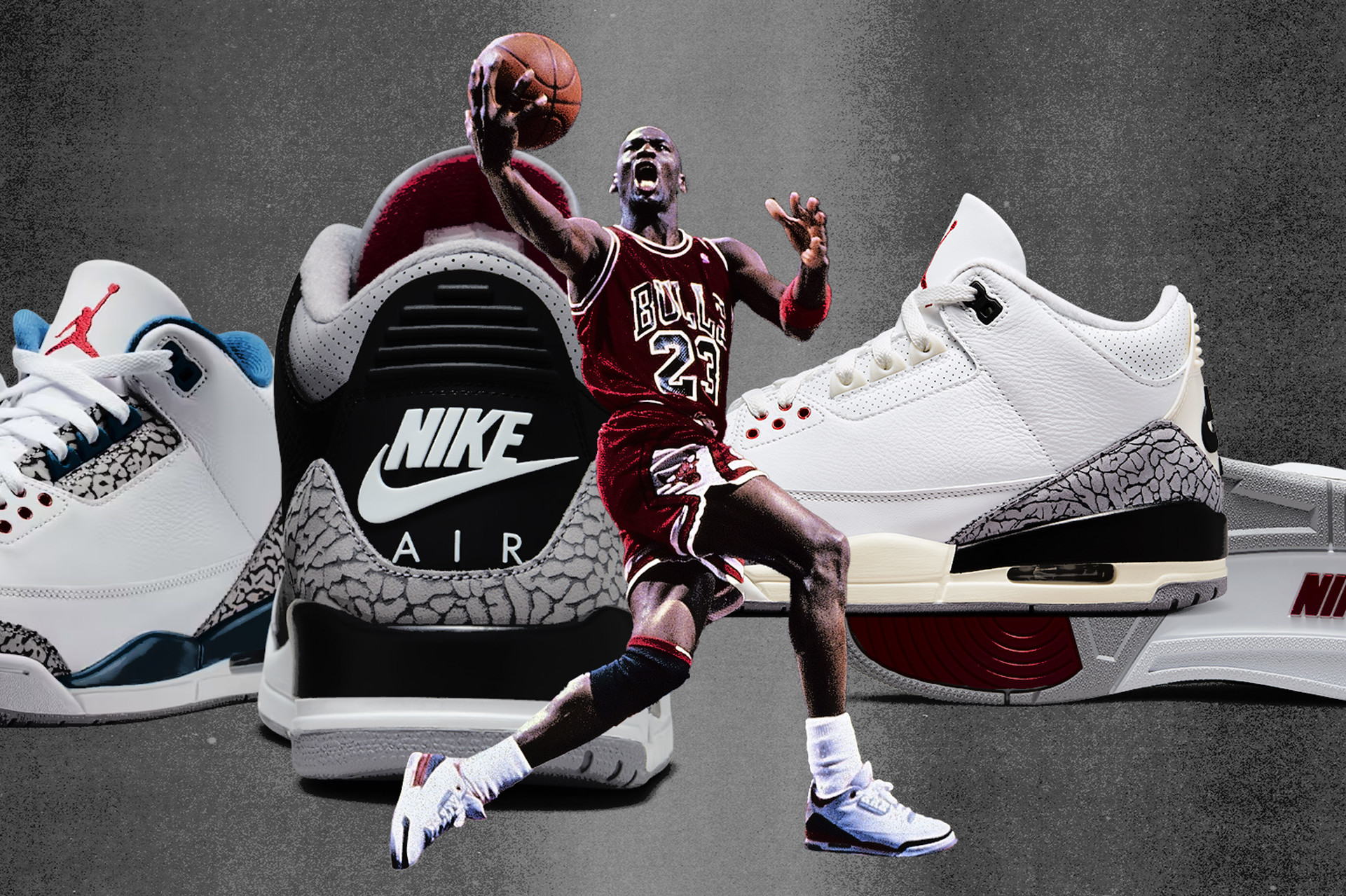 'True Blue' Air Jordan 3, 'Black Cement' Air Jordan 3, 'White Cement' Air Jordan 3, 'Fire Red' Air Jordan 3