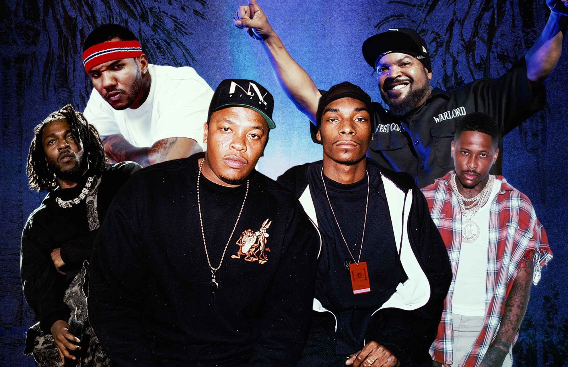 A collage featuring Kendrick Lamar, The Game, Dr. Dre, Snoop Dogg, Ice Cube, and YG with a blue background and palm trees.
