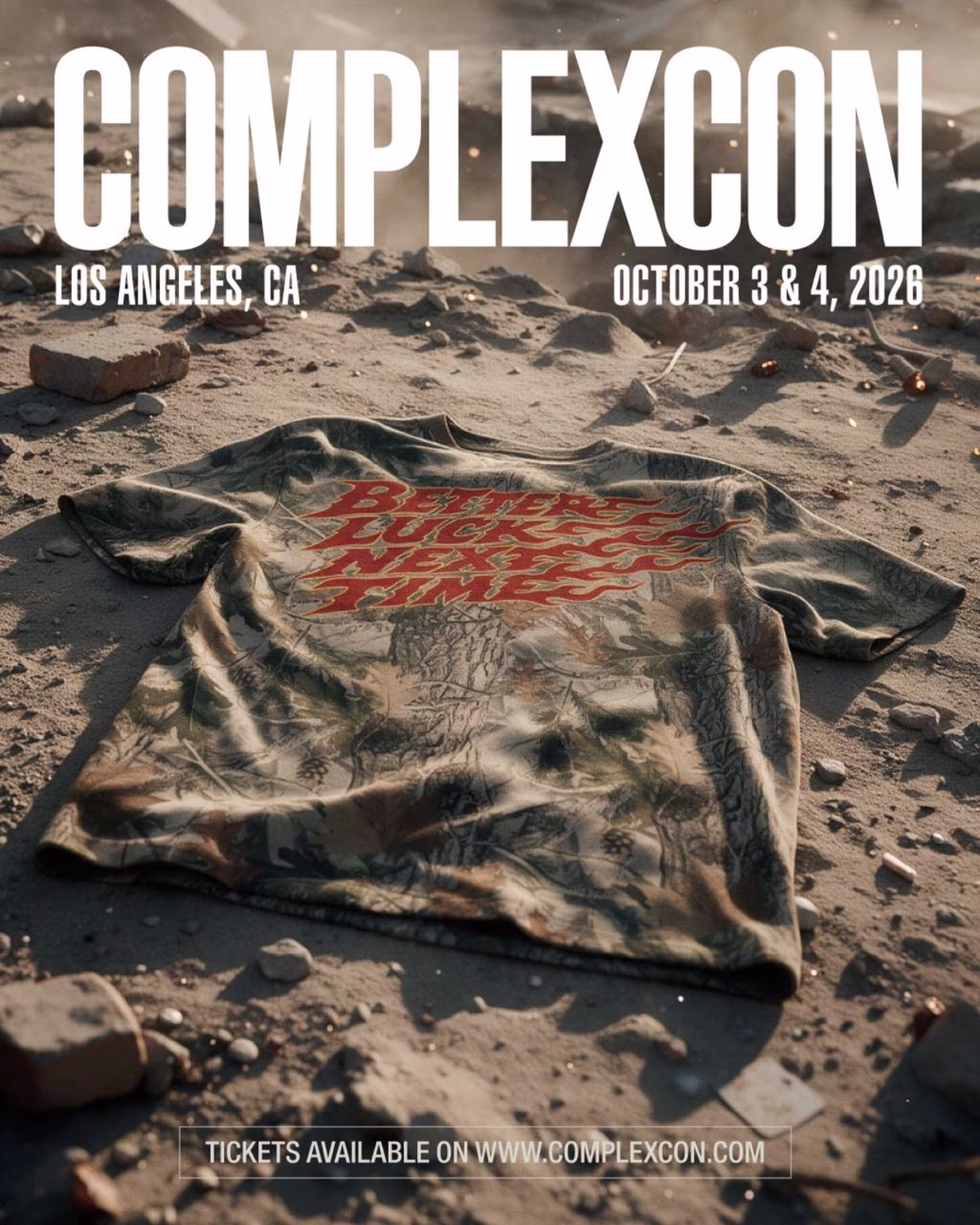A camo T-shirt with red text on a dusty ground. "COMPLEXCON" text above, with event details for Los Angeles, October 3-4, 2026.