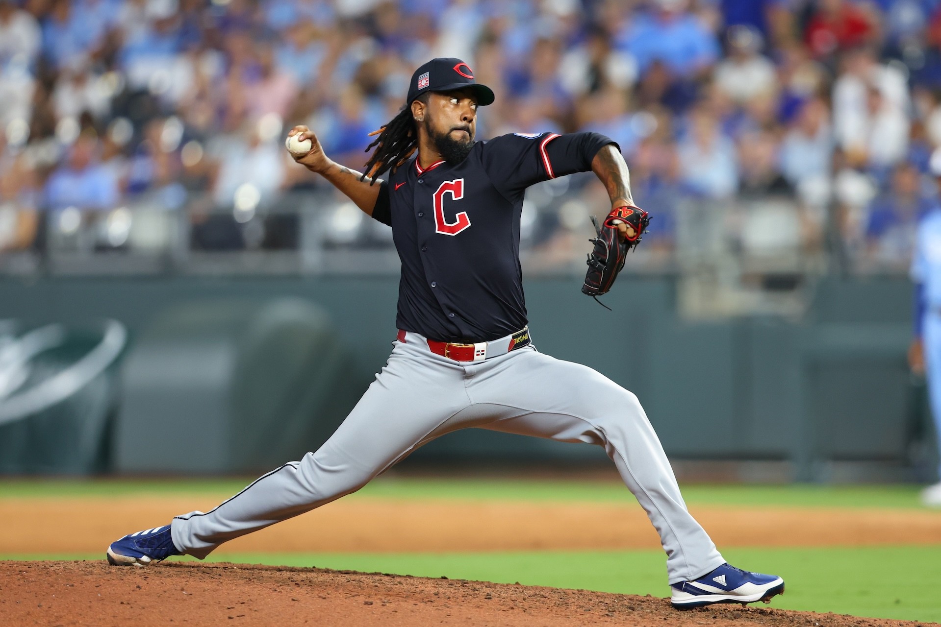 Emmanuel Clase #48 of the Cleveland Guardians pitches during the game between the Cleveland Guardians and the Kansas City Royals at Kauffman Stadium on Saturday, July 26, 2025 in Kansas City, Missouri. 