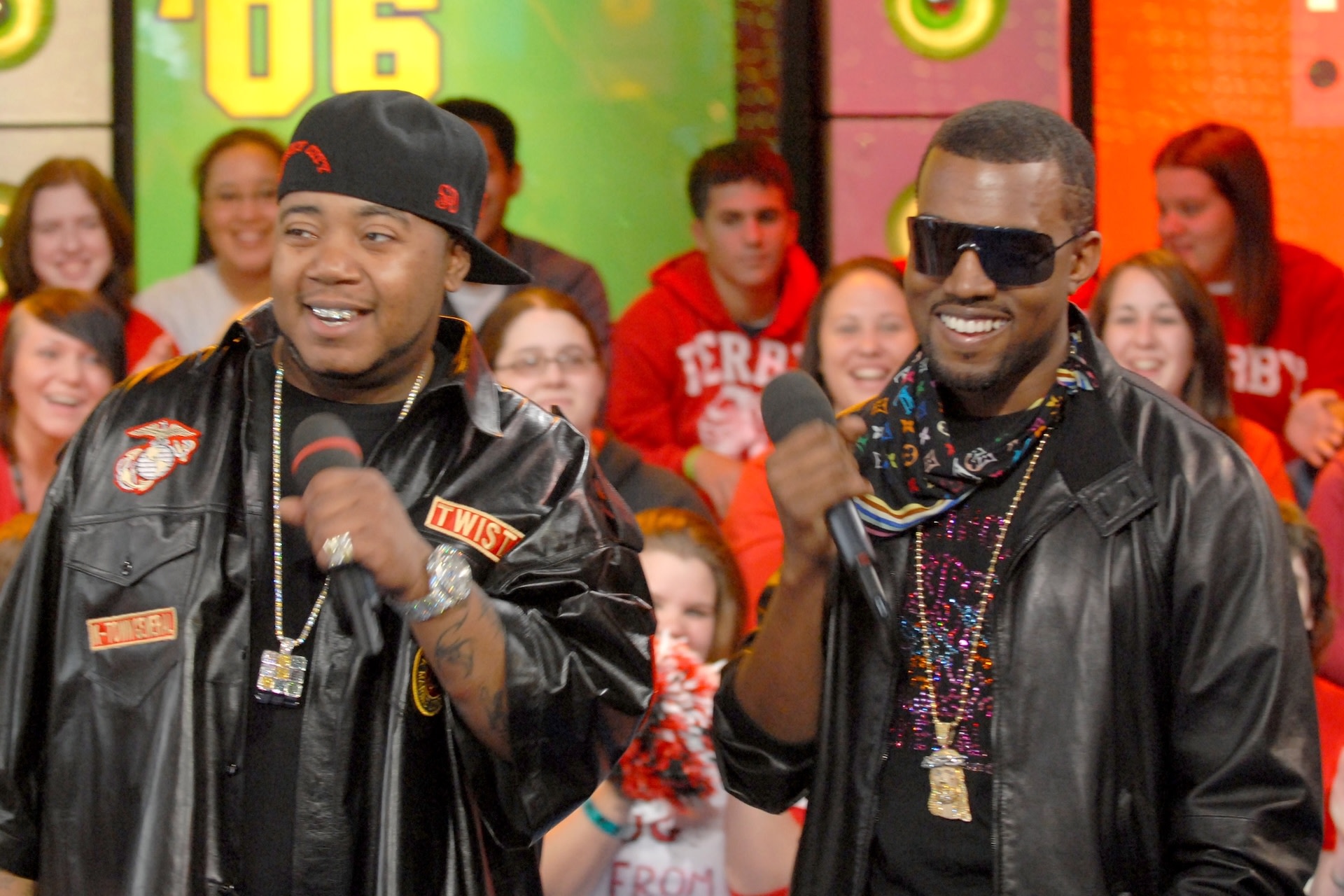 Twista and Kanye West during Tom Cruise, Kanye West, Nelly Furtado, Jeremy Piven, Twista and Keyshia Cole Visit MTV's "TRL" - May 3, 2006 at MTV Studios in New York City, New York, United States. 

