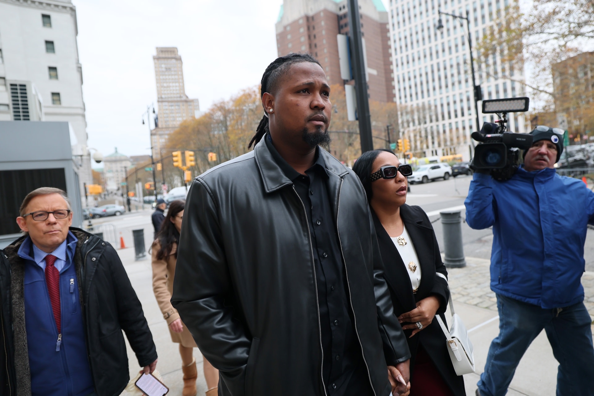 NOVEMBER 12: Cleveland Guardians pitcher Luis Ortiz arrives for his arraignment at the U.S. District Court for the Eastern District of New York on November 12, 2025 in the Brooklyn borough of New York City. Ortiz and his teammate Emmanuel Clase were both indicted on fraud, conspiracy, and bribery charges relating to manipulating bets on individual pitches. 