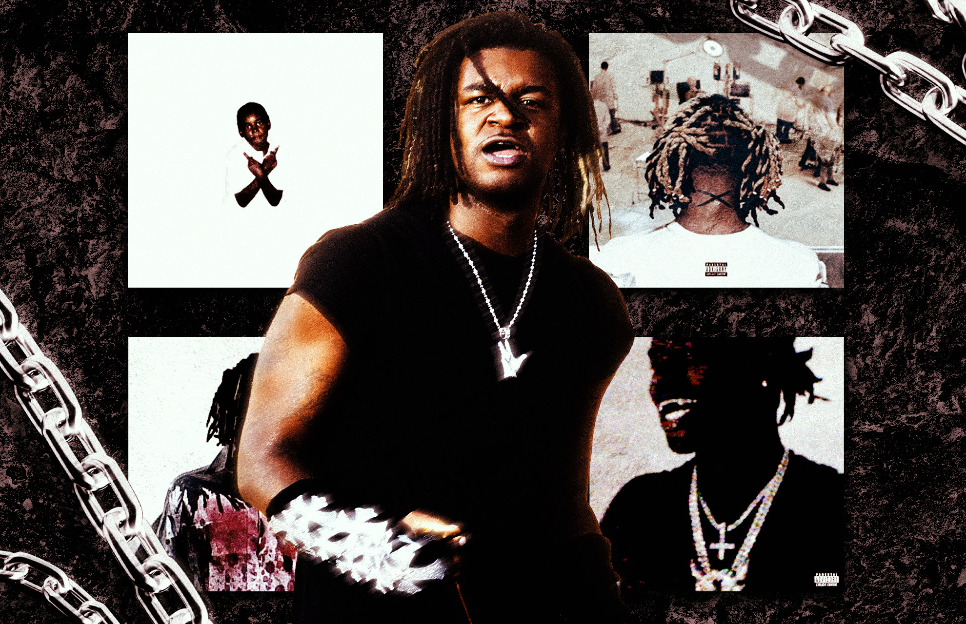 Ken Carson with dreadlocks and a necklace stands in front of a collage with images and chains.