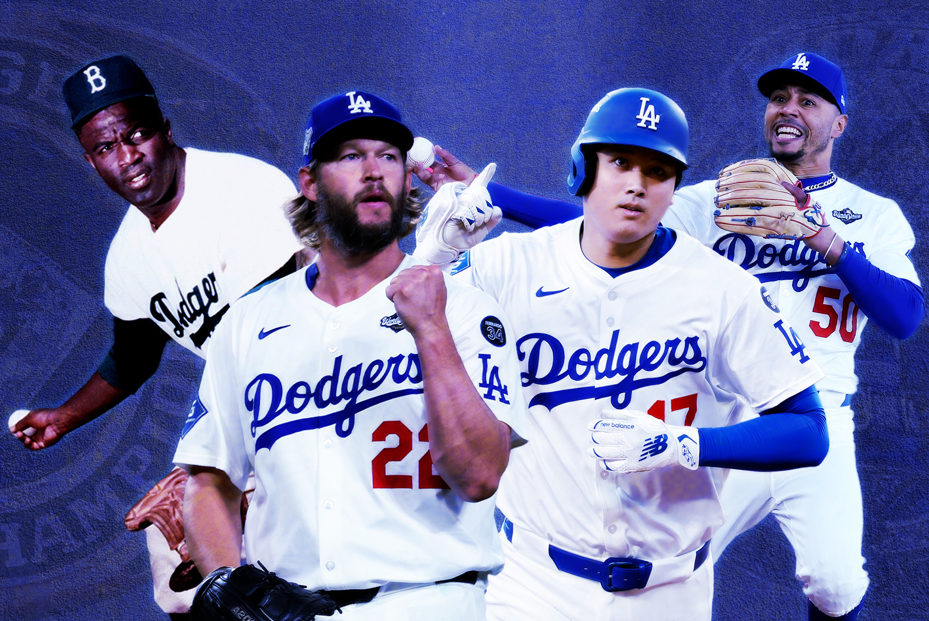 Jackie Robinson, Clayton Kershaw, Shohei Ohtani, and Mookie Betts in Dodger blue. 