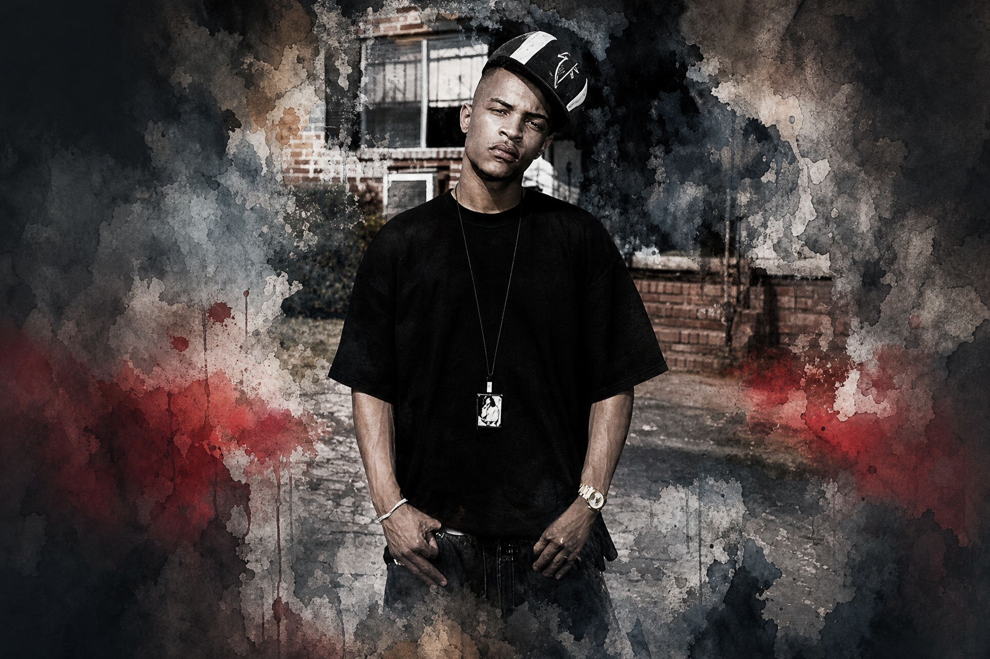 A man in a black t-shirt and cap stands in front of a house, surrounded by a smoky, artistic background.