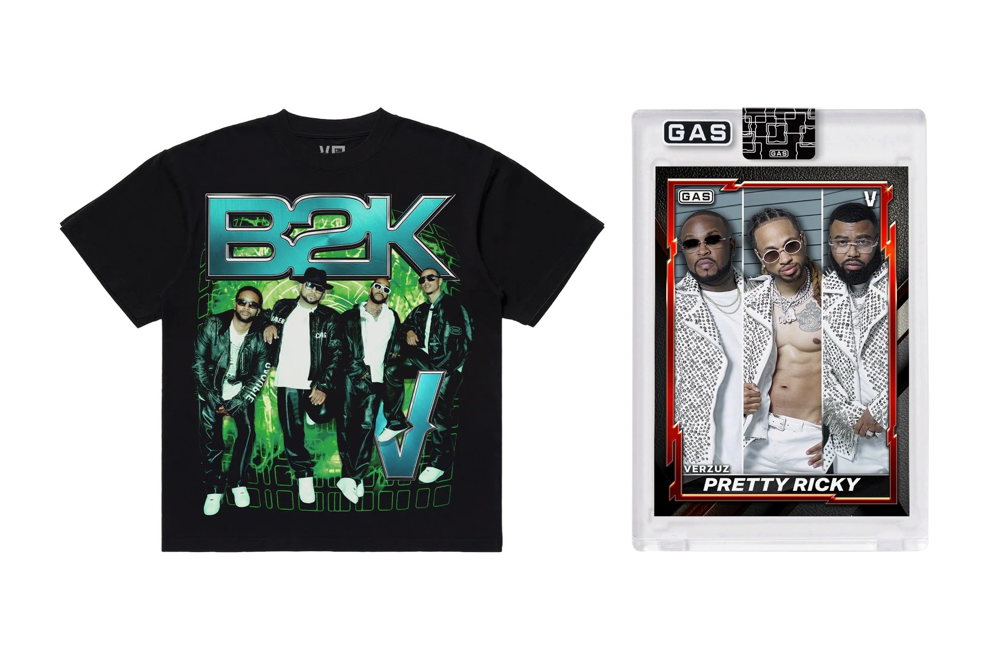 T-shirt with B2K members' image and a card featuring Pretty Ricky members in stylish outfits.