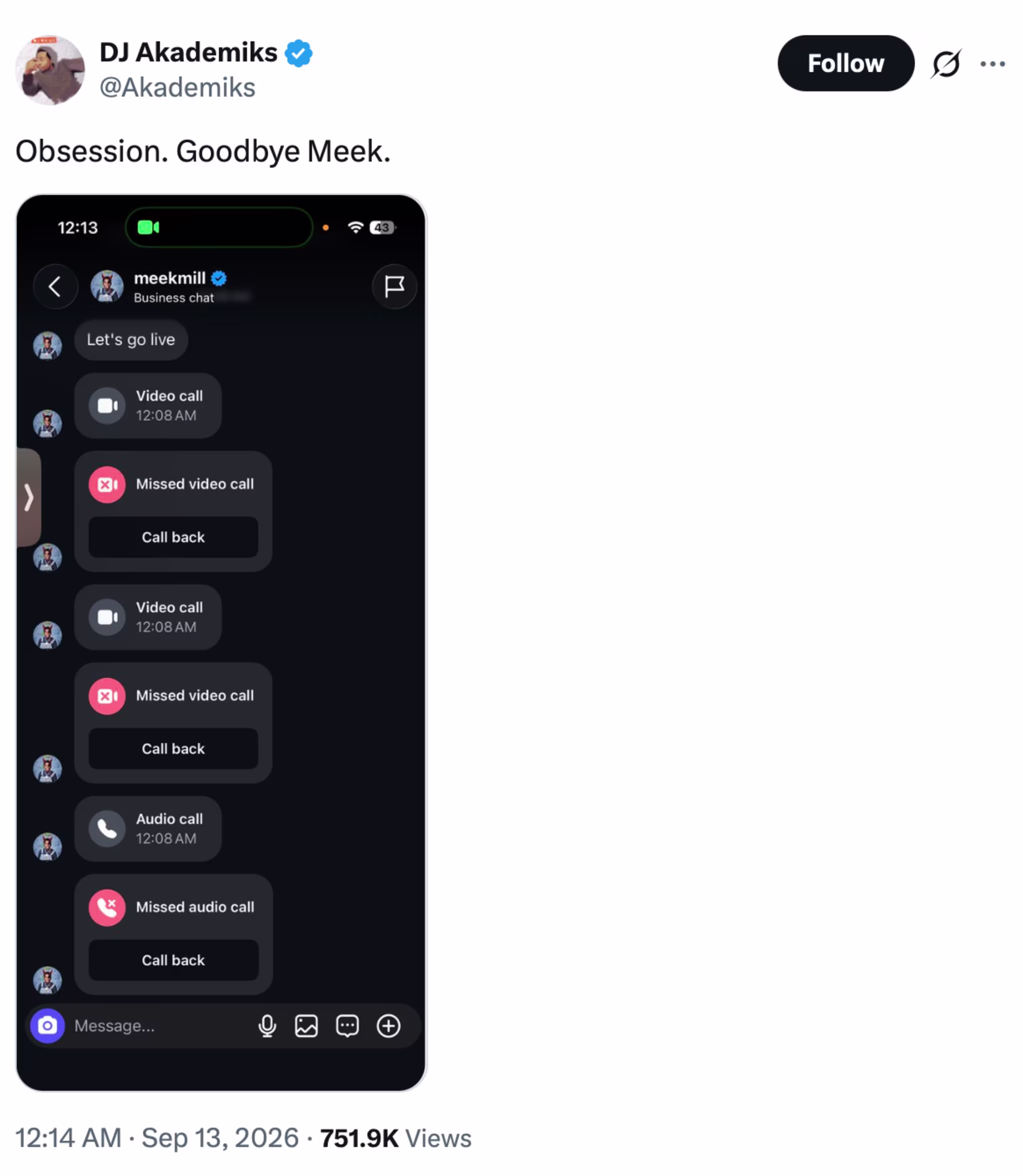 A tweet from DJ Akademiks showing a chat with Meek Mill, displaying missed video and audio calls.