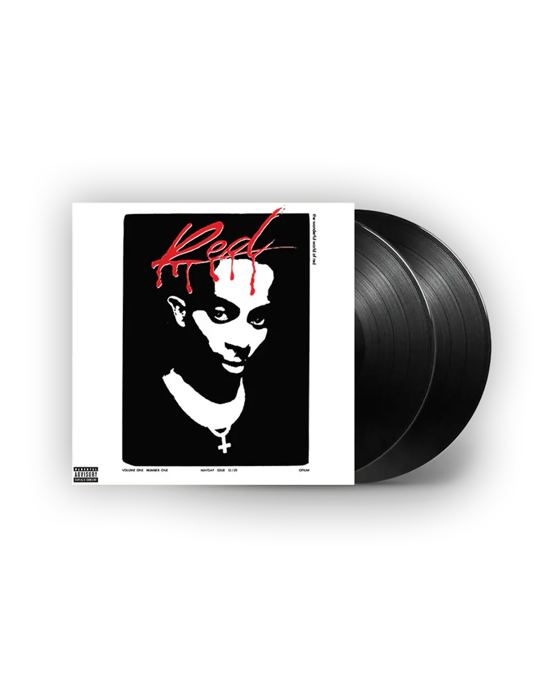 Vinyl album cover featuring Playboi Carti with "Red" in bold red letters. Two black records are partially visible.