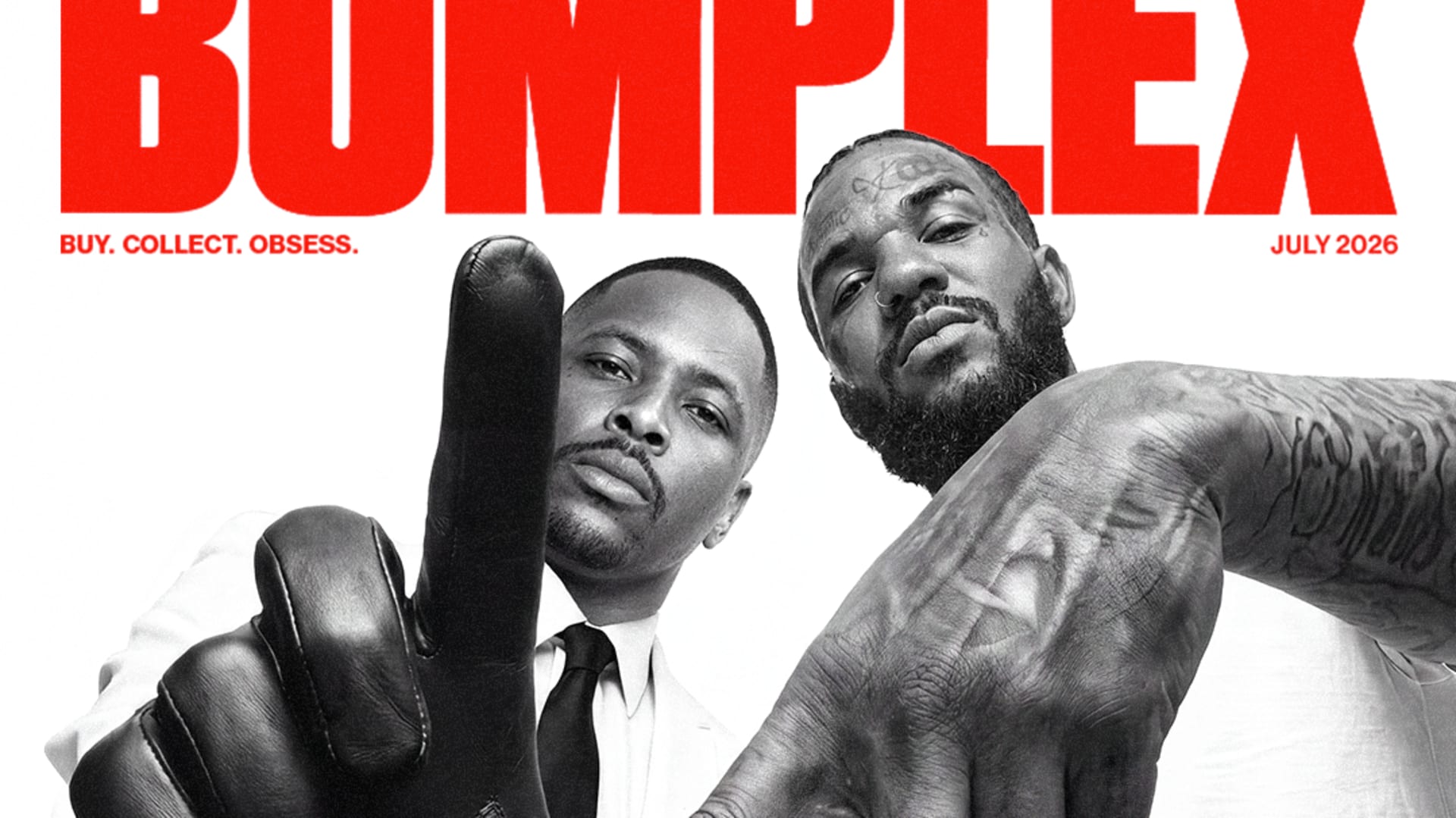 YG and The Game posing on a black and white magazine cover titled "BOMPLEX," with bold red text and hand gestures.