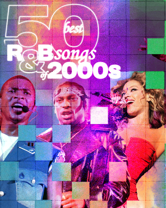 Colorful collage of 2000s R&B singers with text "50 best R&B songs of 2000s."