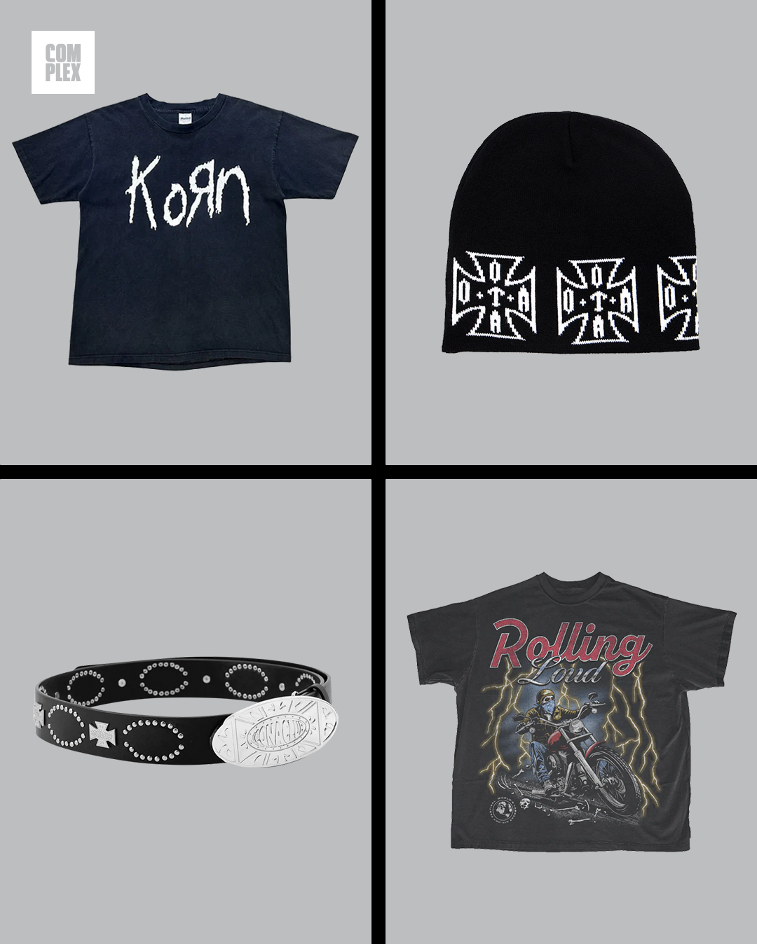 A collage featuring a Korn T-shirt, a black beanie with white design, a studded belt, and a Rolling Loud motorcycle-themed T-shirt.