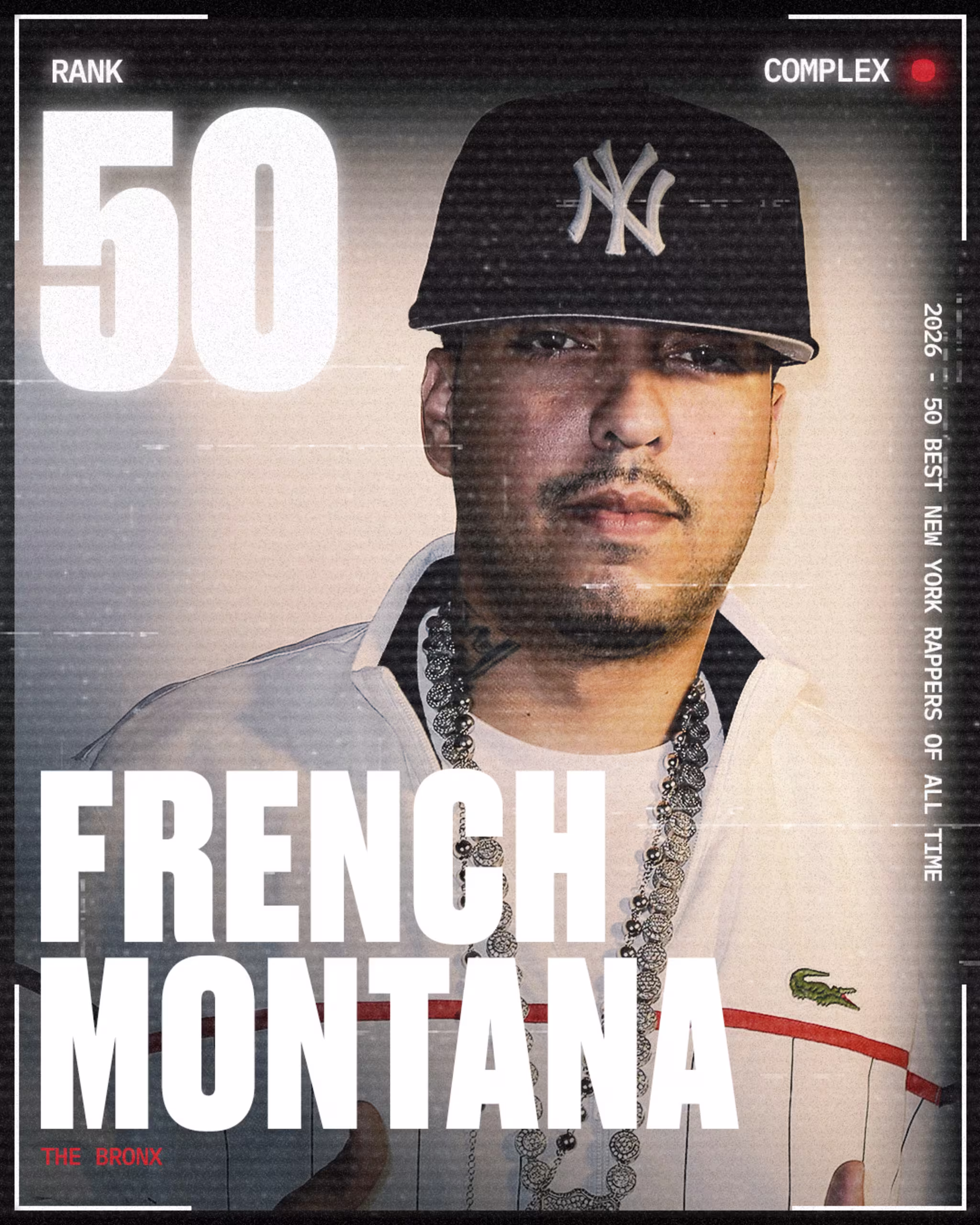 French Montana wearing a New York Yankees cap, ranked 50 in Complex's 2026 list of best New York rappers.
