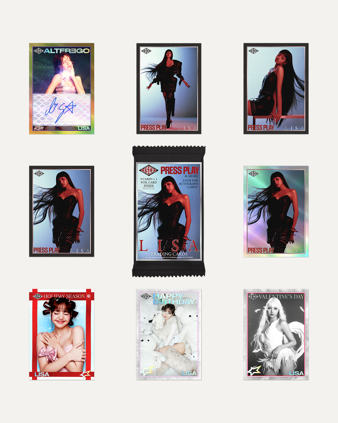 Trading cards featuring Lisa from BLACKPINK in various outfits and poses, including holiday and birthday themes.